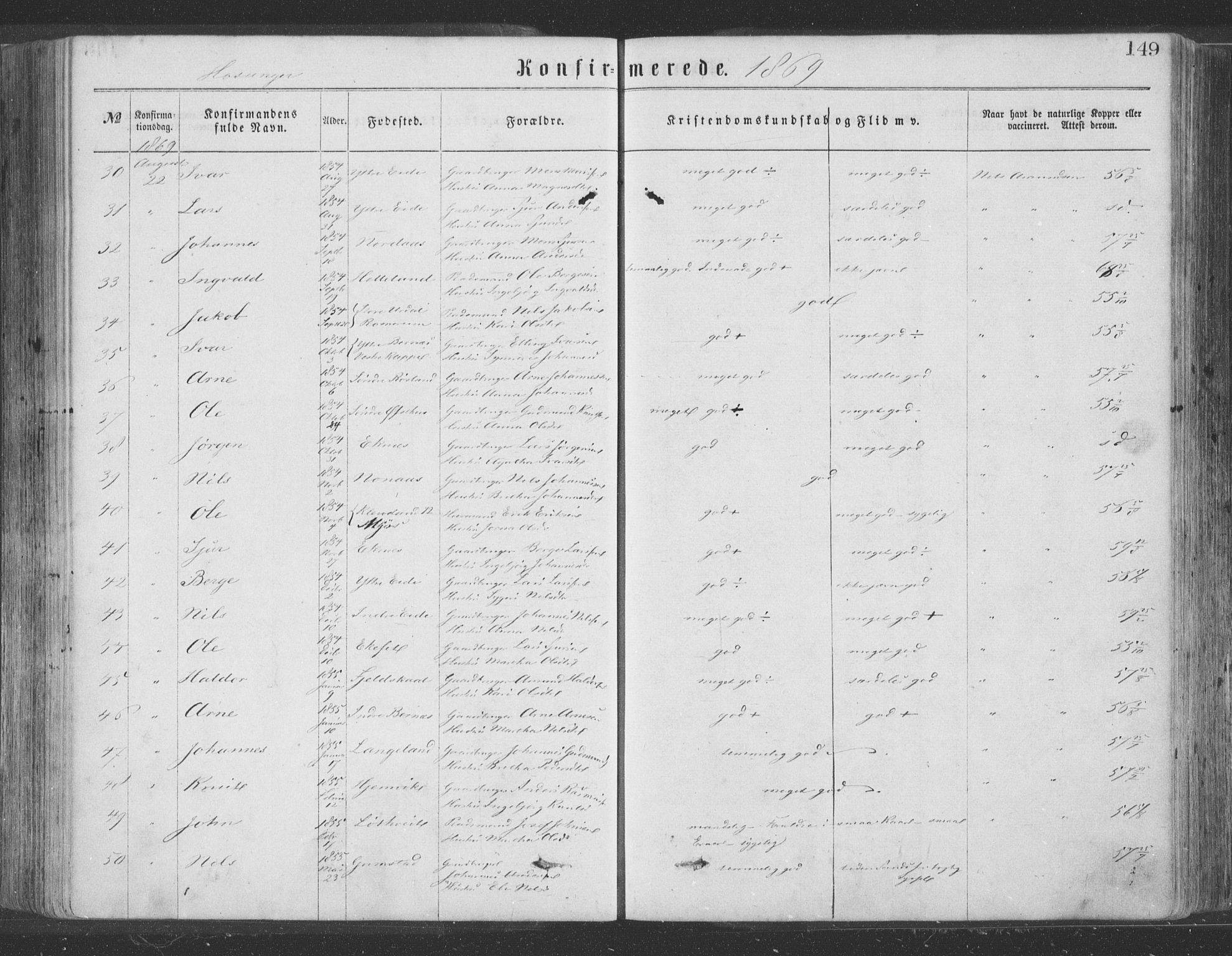 Hosanger sokneprestembete, AV/SAB-A-75801/H/Haa: Parish register (official) no. A 9, 1864-1876, p. 149