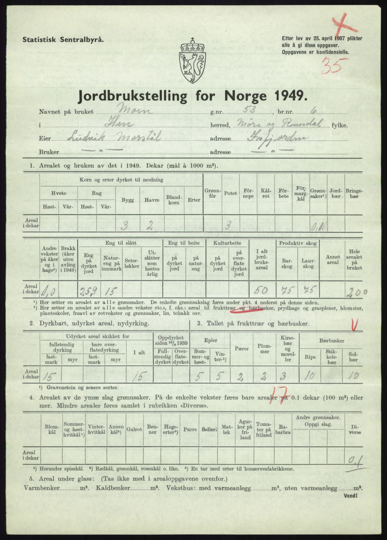 Statistisk sentralbyrå, Næringsøkonomiske emner, Jordbruk, skogbruk, jakt, fiske og fangst, AV/RA-S-2234/G/Gc/L0323: Møre og Romsdal: Grytten og Hen, 1949, p. 749