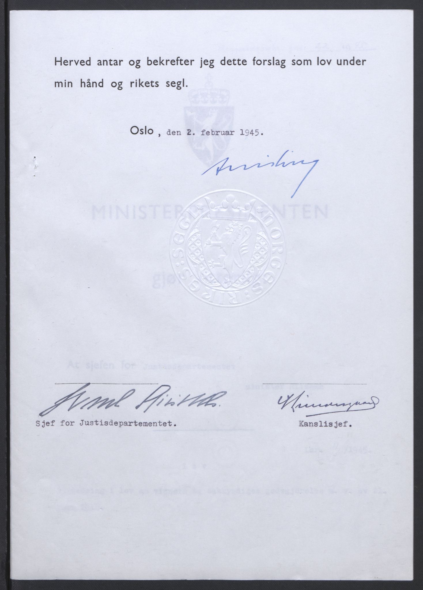 NS-administrasjonen 1940-1945 (Statsrådsekretariatet, de kommisariske statsråder mm), AV/RA-S-4279/D/Db/L0101/0001: -- / Lover og vedtak, 1945, p. 48