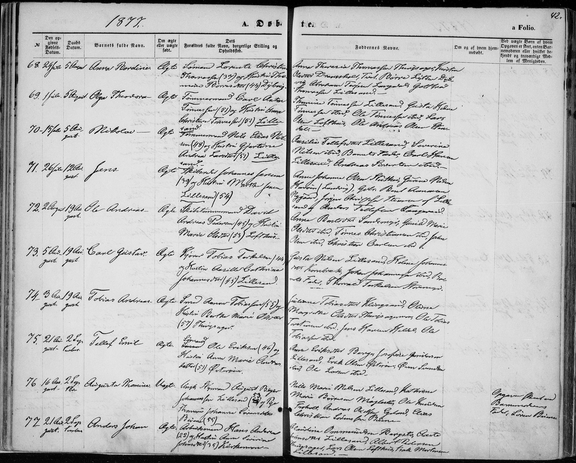 Vestre Moland sokneprestkontor, SAK/1111-0046/F/Fa/Fab/L0008: Parish register (official) no. A 8, 1873-1883, p. 42