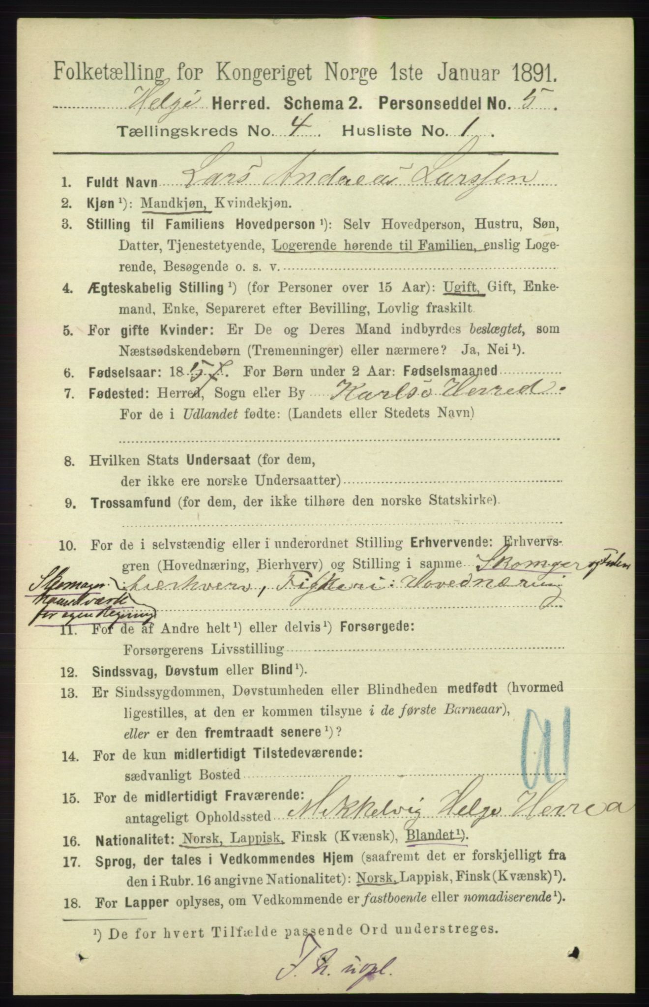 RA, 1891 census for 1935 Helgøy, 1891, p. 1015