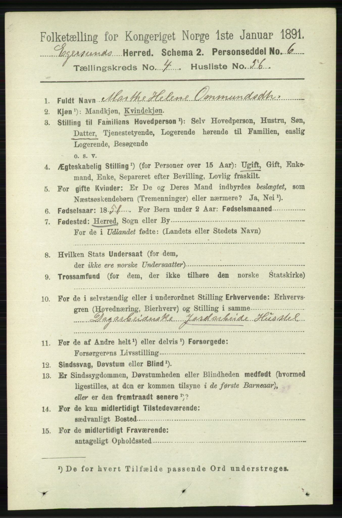 RA, 1891 census for 1116 Eigersund herred, 1891, p. 2000