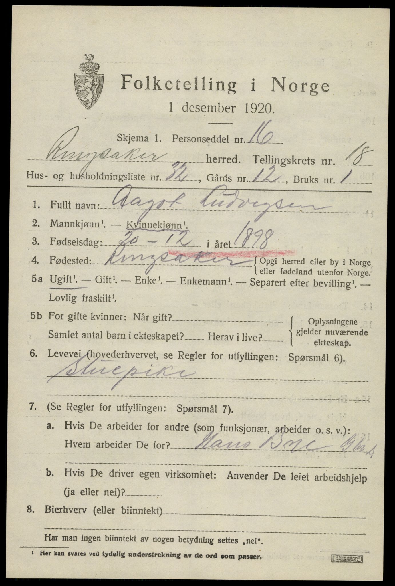 SAH, 1920 census for Ringsaker, 1920, p. 25490