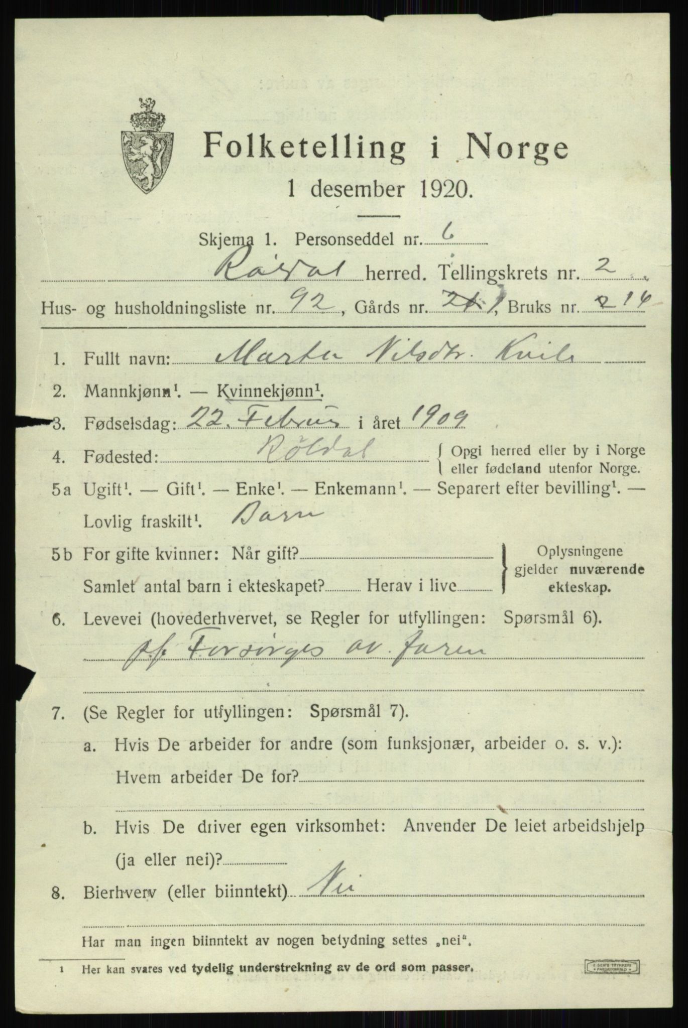 SAB, 1920 census for Røldal, 1920, p. 1659