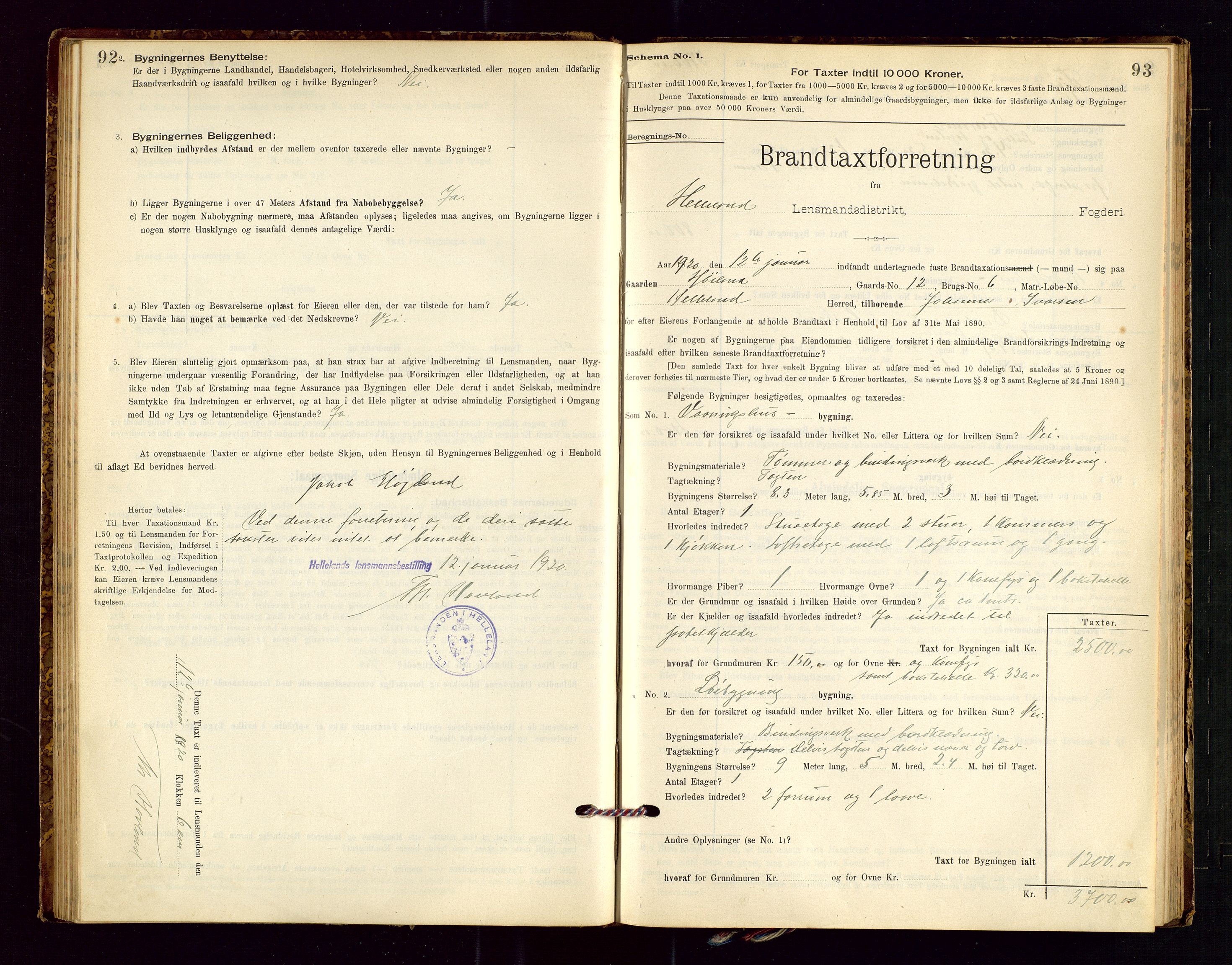 Helleland lensmannskontor, AV/SAST-A-100209/Gob/L0001: "Brandtaxationsprotokol", 1896-1919, p. 92-93