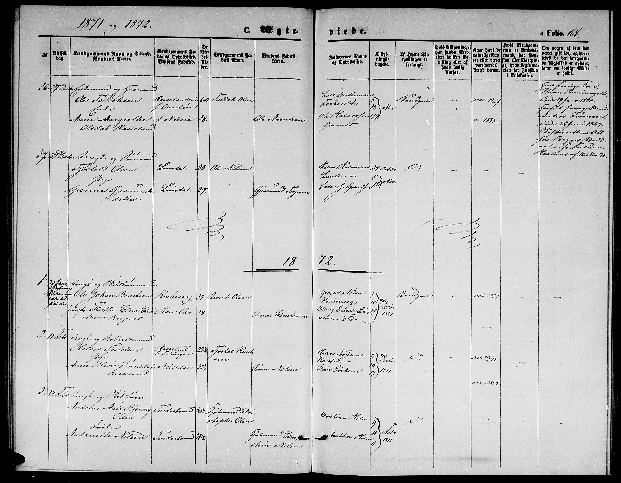 Holt sokneprestkontor, SAK/1111-0021/F/Fb/L0009: Parish register (copy) no. B 9, 1871-1883, p. 164