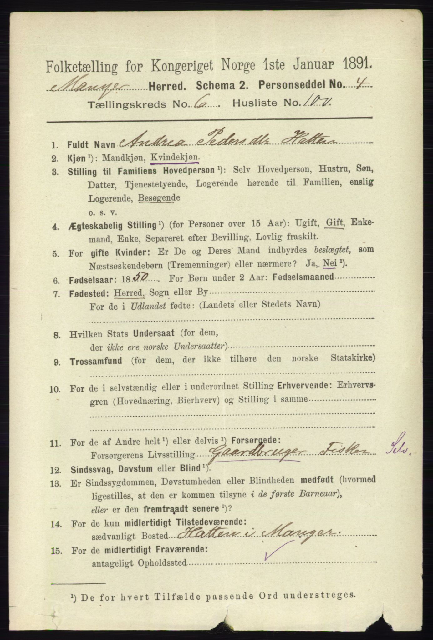 RA, 1891 census for 1261 Manger, 1891, p. 3943