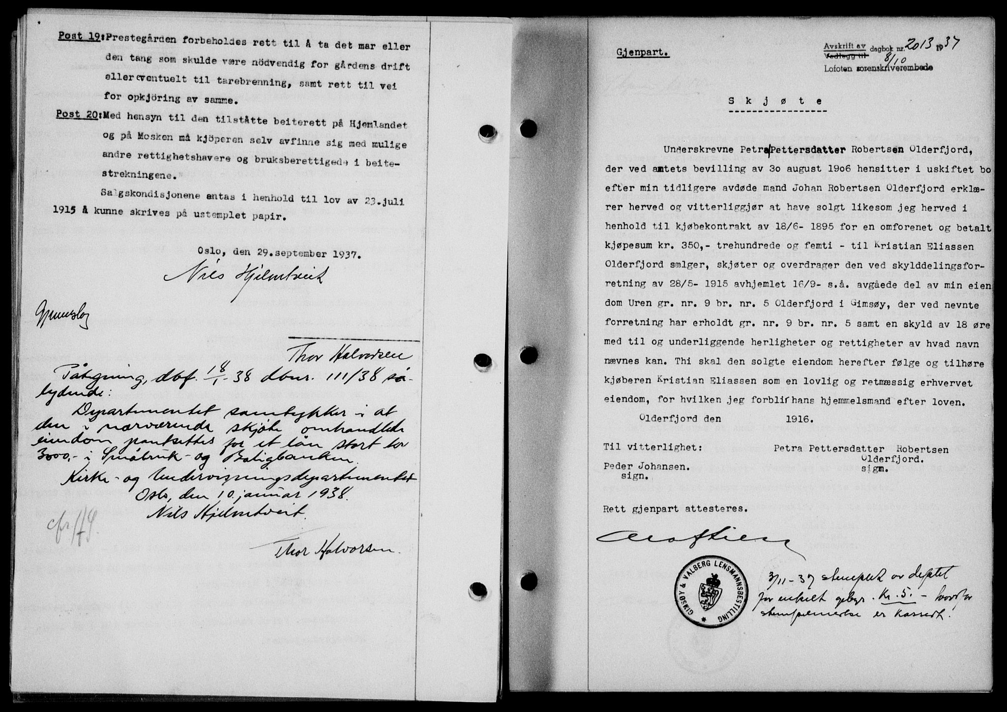 Lofoten sorenskriveri, SAT/A-0017/1/2/2C/L0003a: Mortgage book no. 3a, 1937-1938, Diary no: : 2013/1937