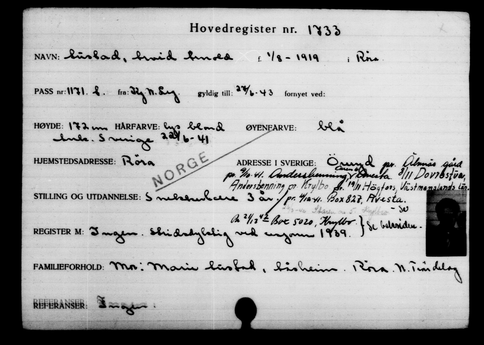 Utenriksstasjonene, Legasjonen i Stockholm, Flyktningkontoret, AV/RA-S-6753/V/Va/L0002: Kjesäterkartoteket, flyktninger med registreringsnr. 1001-2000, 1940-1945, p. 1042