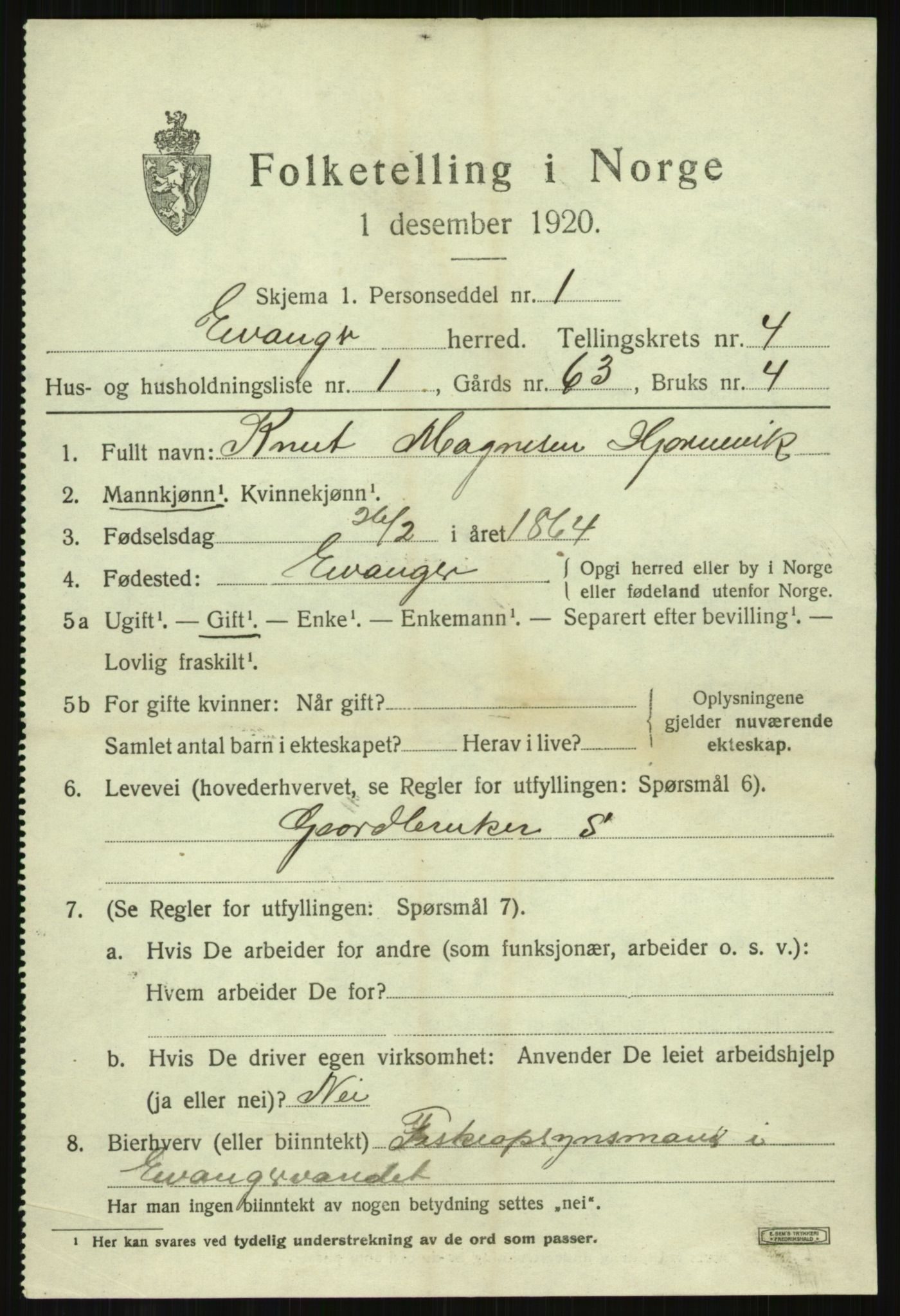 SAB, 1920 census for Evanger, 1920, p. 1353