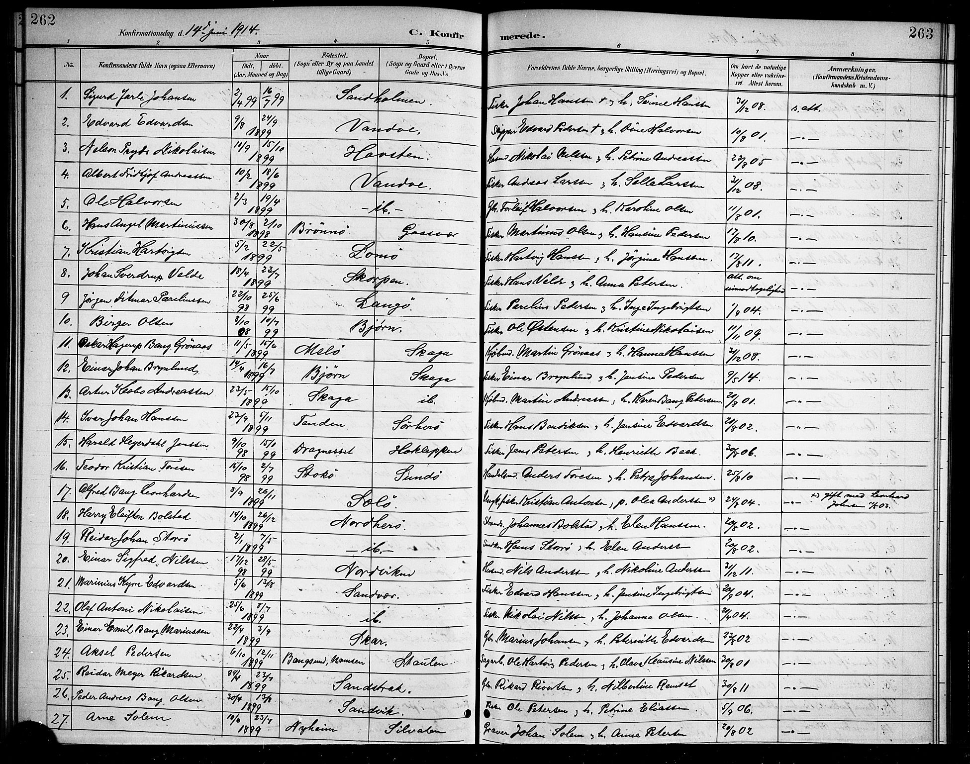 Ministerialprotokoller, klokkerbøker og fødselsregistre - Nordland, SAT/A-1459/834/L0516: Parish register (copy) no. 834C06, 1902-1918, p. 262-263