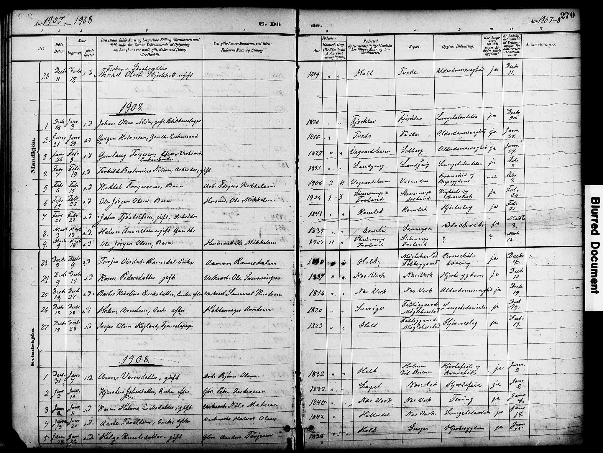 Holt sokneprestkontor, SAK/1111-0021/F/Fb/L0011: Parish register (copy) no. B 11, 1897-1921, p. 270