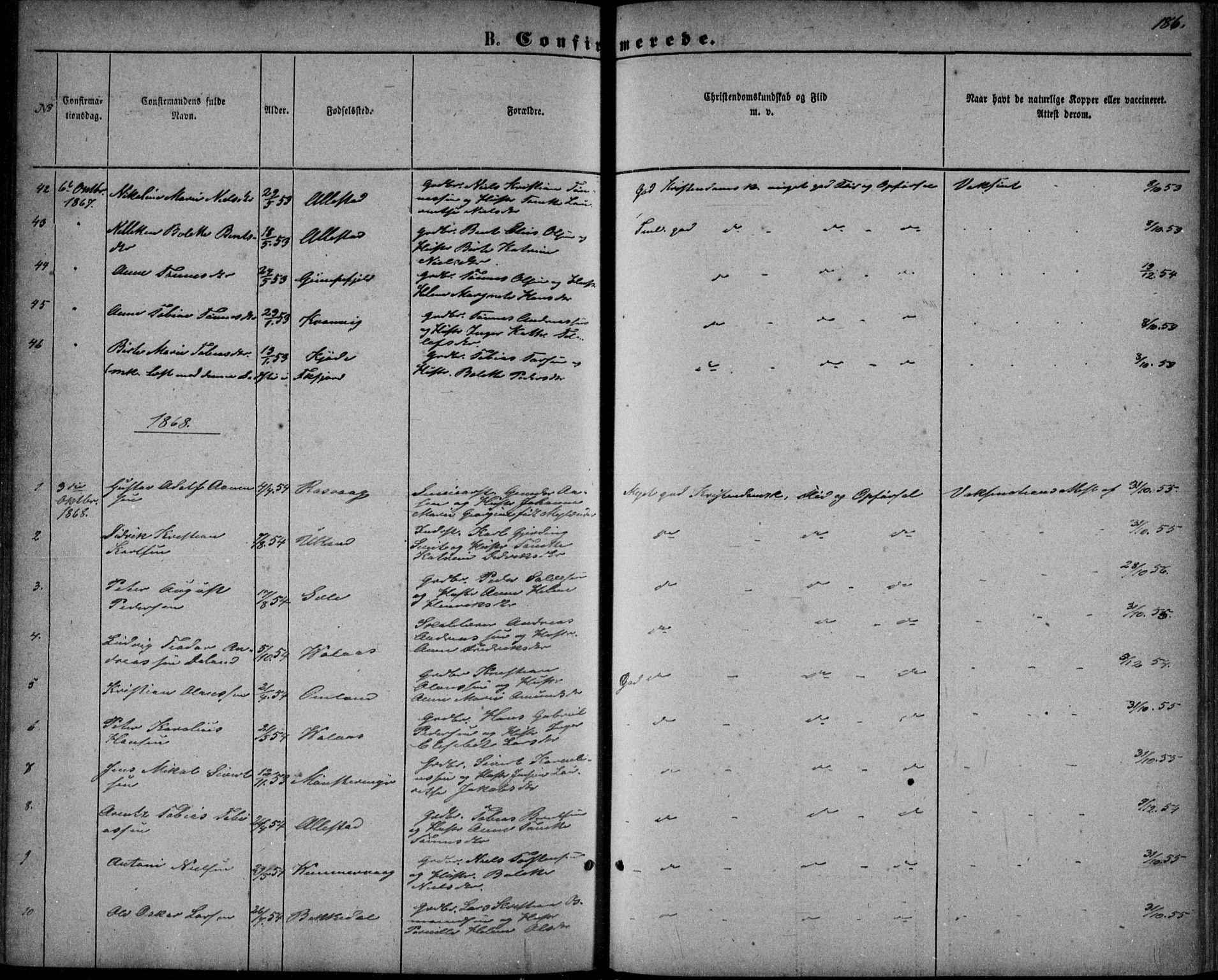 Flekkefjord sokneprestkontor, AV/SAK-1111-0012/F/Fb/Fbb/L0003: Parish register (copy) no. B 3, 1867-1889, p. 186