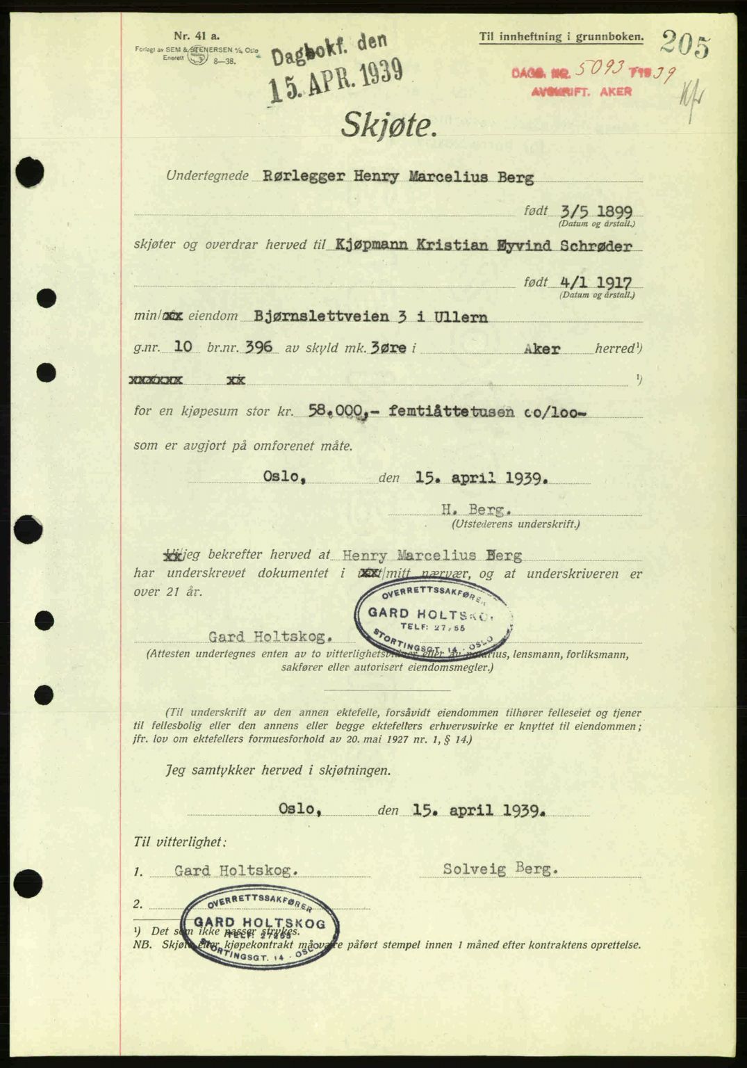 Aker herredsskriveri, AV/SAO-A-10896/G/Gb/Gba/Gbab/L0030: Mortgage book no. A158-159, 1939-1939, Diary no: : 5093/1939