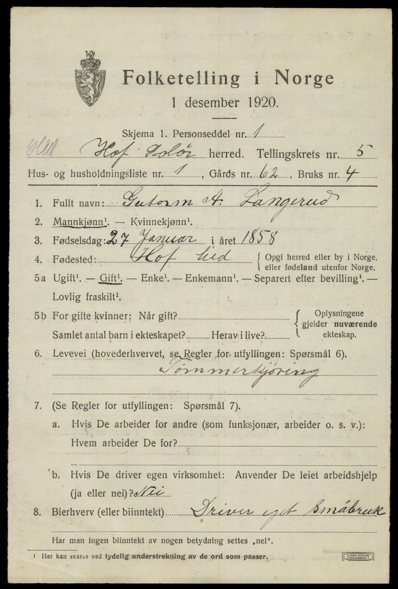 SAH, 1920 census for Hof, 1920, p. 7101