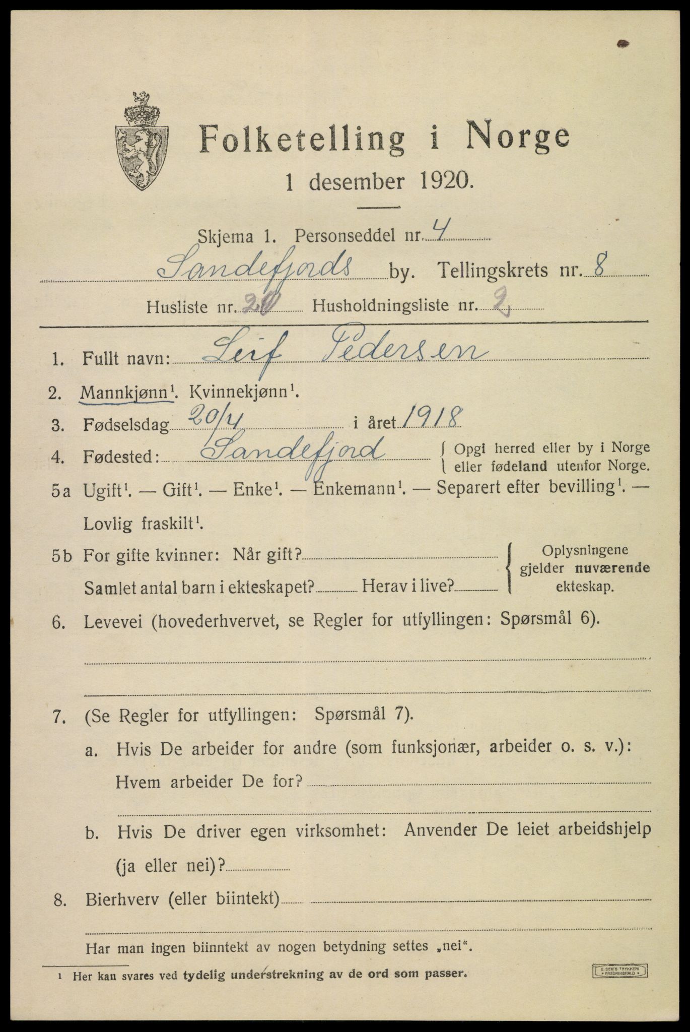 SAKO, 1920 census for Sandefjord, 1920, p. 12058