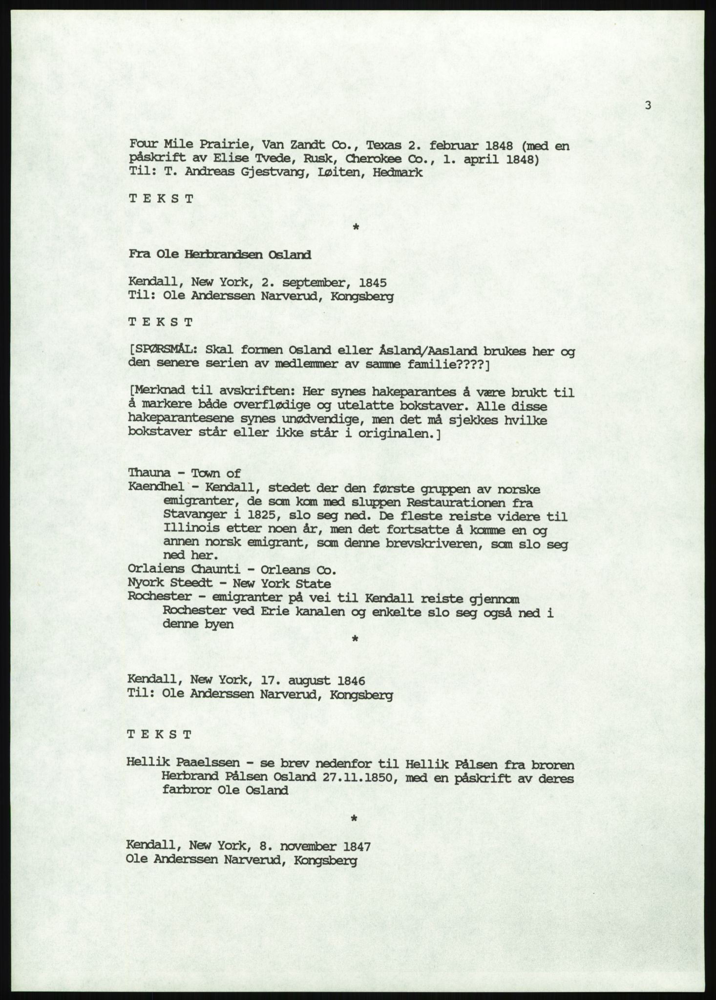 Samlinger til kildeutgivelse, Amerikabrevene, AV/RA-EA-4057/F/L0048: Amerikabrev. Avskrifter + korrespondanse Orm Øverland., p. 5