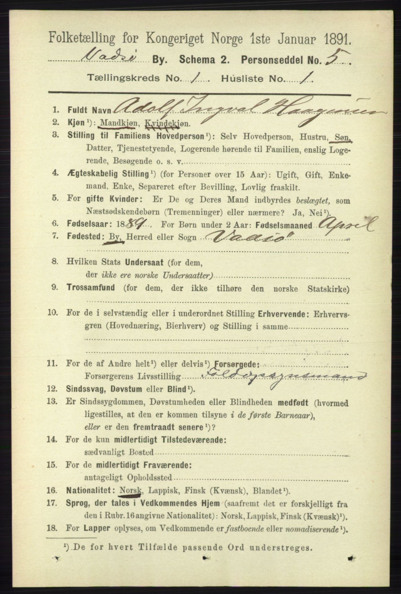 RA, 1891 census for 2003 Vadsø, 1891, p. 161