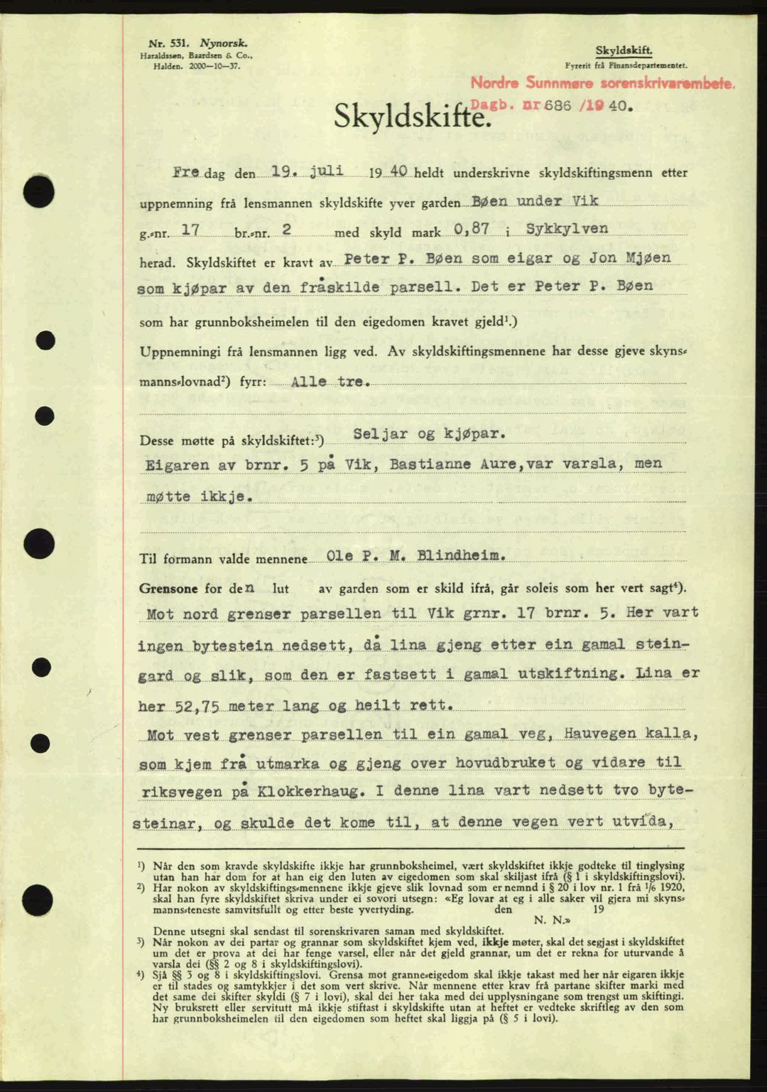 Nordre Sunnmøre sorenskriveri, AV/SAT-A-0006/1/2/2C/2Ca: Mortgage book no. A9, 1940-1940, Diary no: : 686/1940