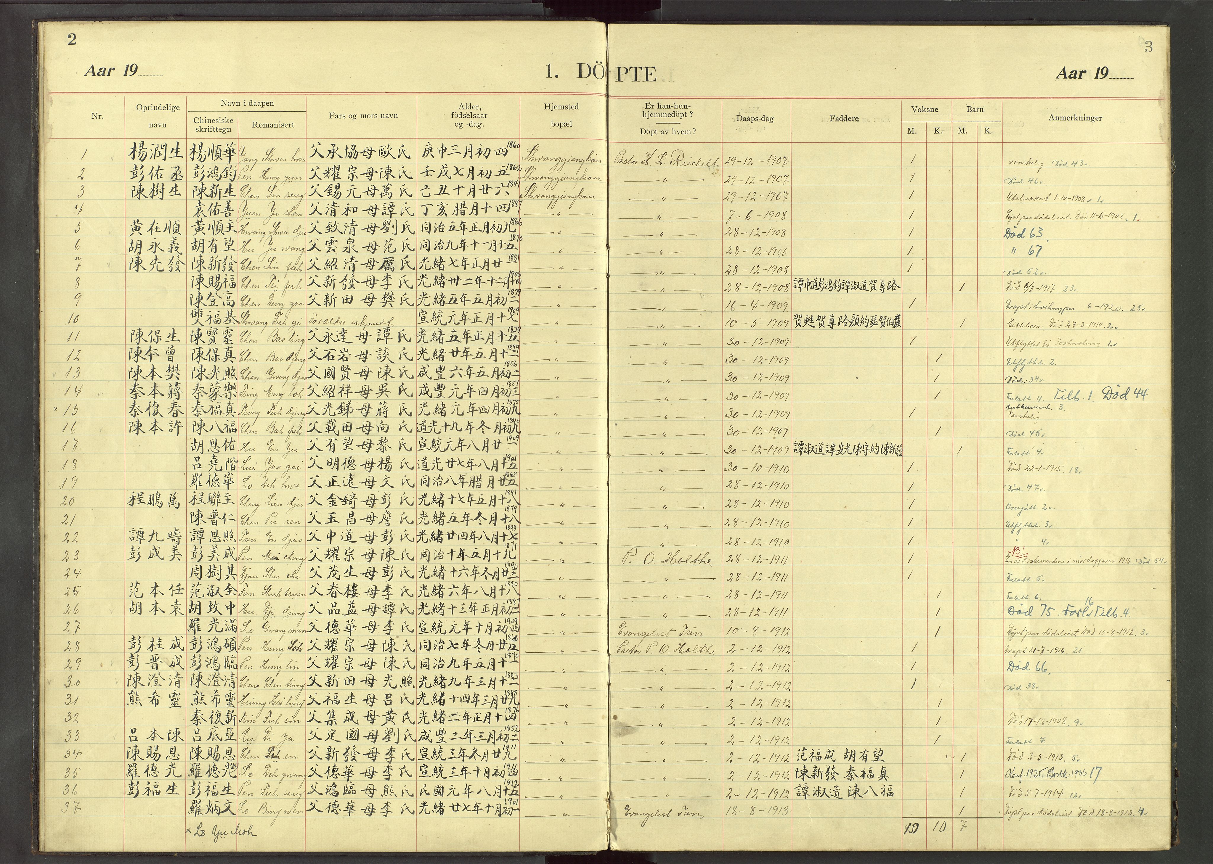 Det Norske Misjonsselskap - utland - Kina (Hunan), VID/MA-A-1065/Dm/L0033: Parish register (official) no. 71, 1907-1946, p. 2-3