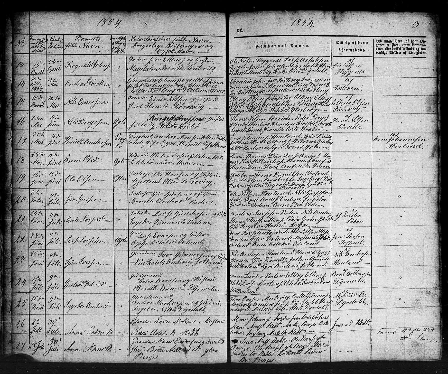 Lavik sokneprestembete, AV/SAB-A-80901: Parish register (copy) no. B 1, 1854-1881, p. 3