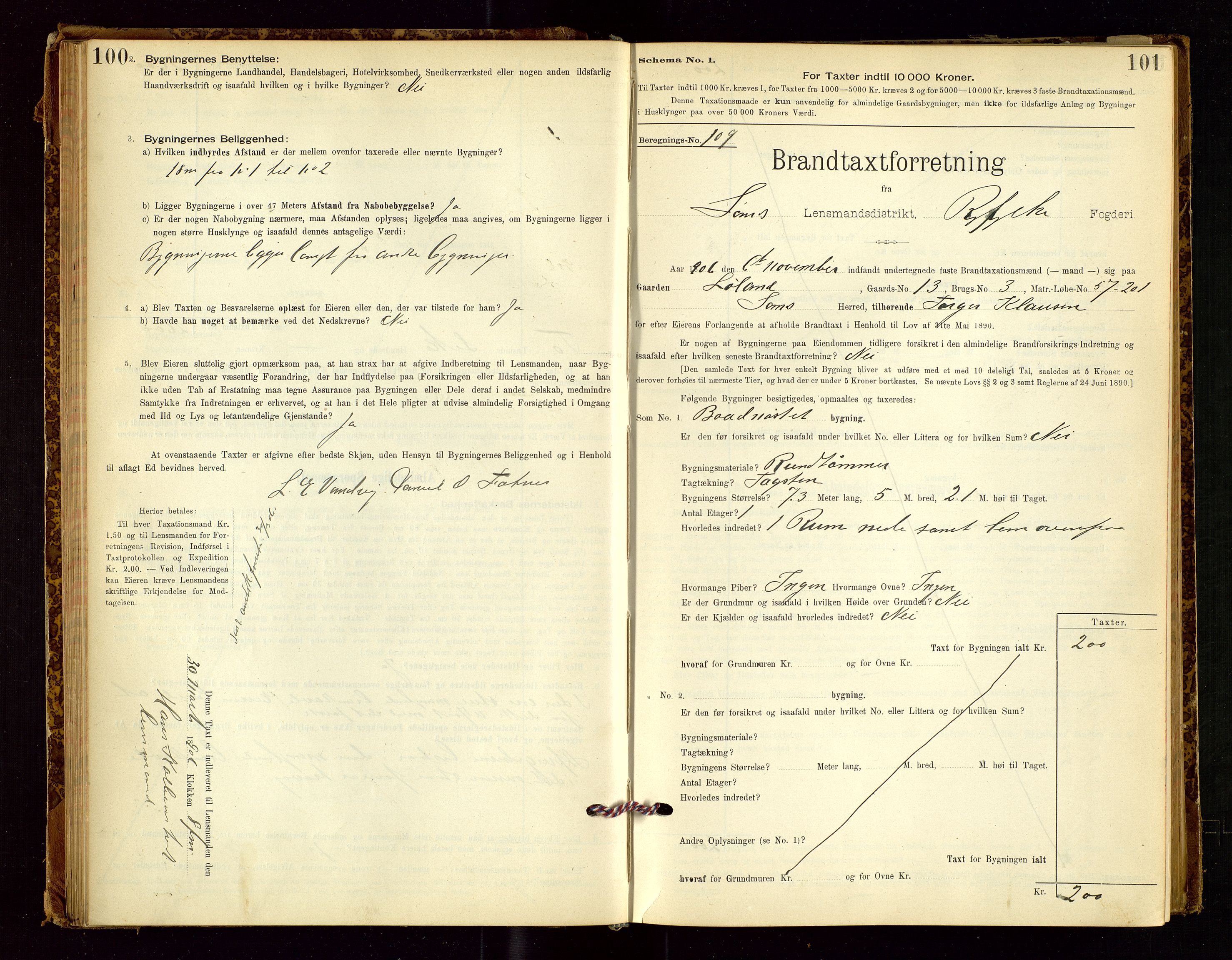 Sand lensmannskontor, AV/SAST-A-100415/Goc/L0001: "Brandtaxationsprotokol", 1895-1935, p. 100-101