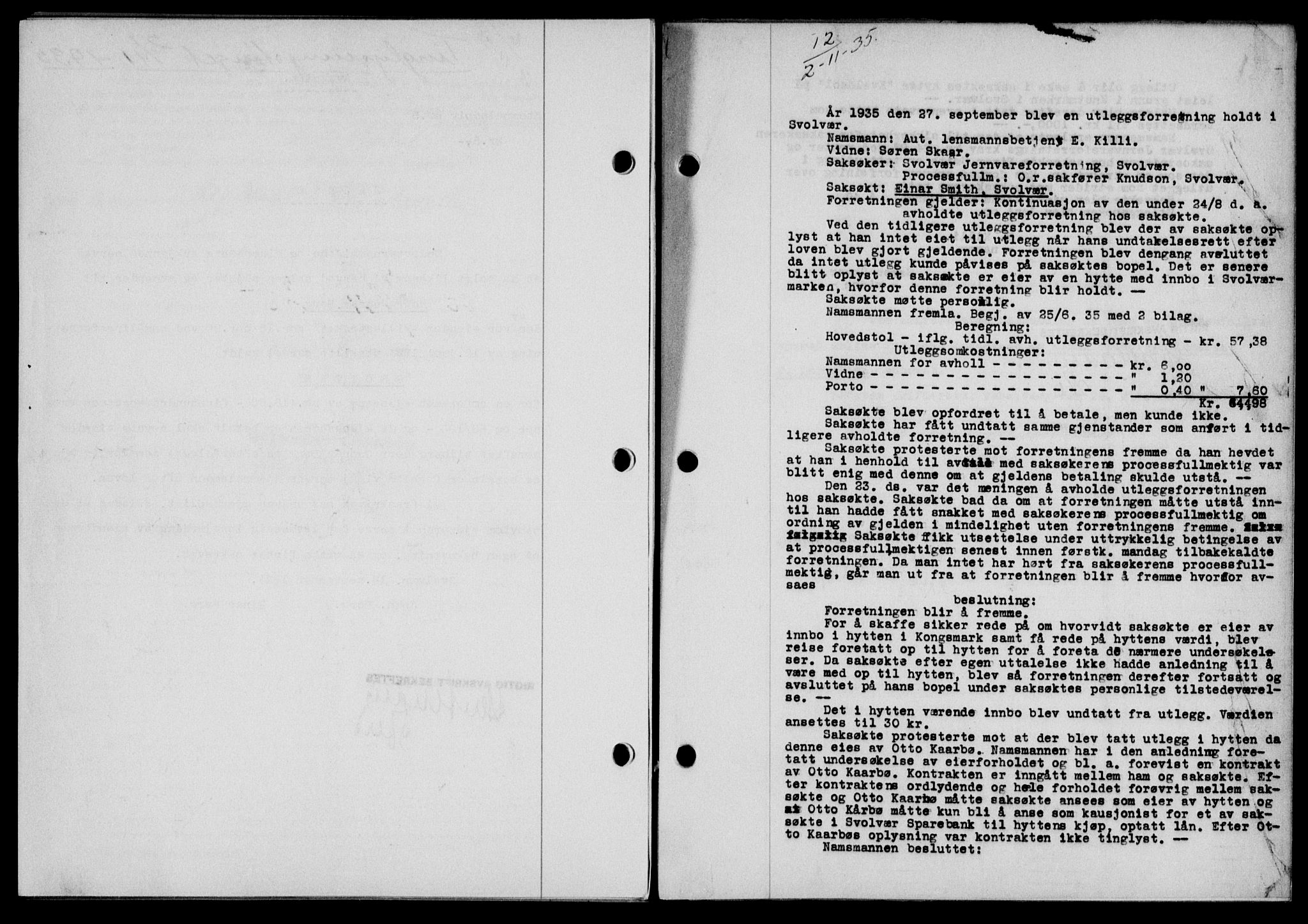 Lofoten sorenskriveri, SAT/A-0017/1/2/2C/L0032b: Mortgage book no. 32b, 1935-1935, Deed date: 02.11.1935