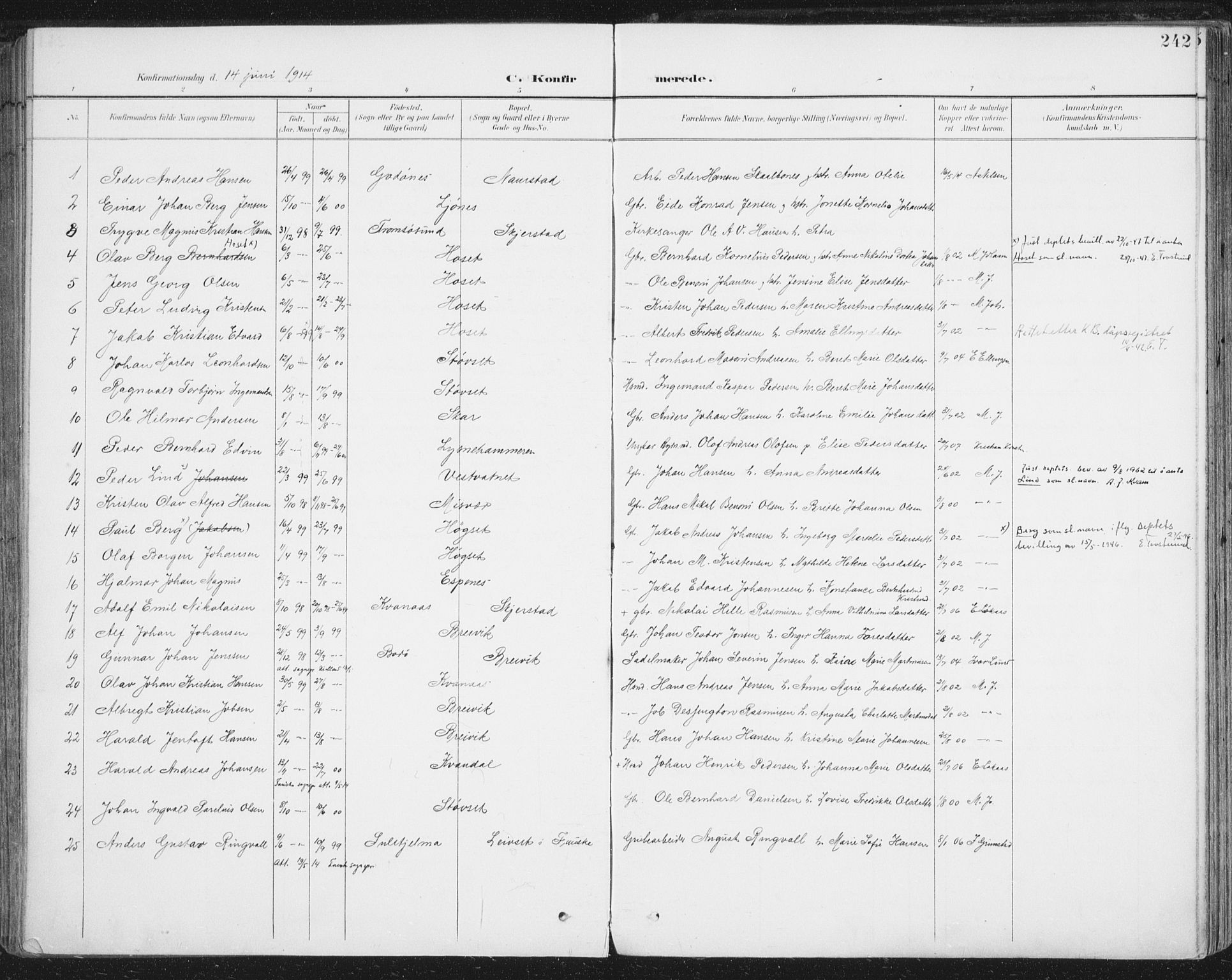 Ministerialprotokoller, klokkerbøker og fødselsregistre - Nordland, SAT/A-1459/852/L0741: Parish register (official) no. 852A11, 1894-1917, p. 242