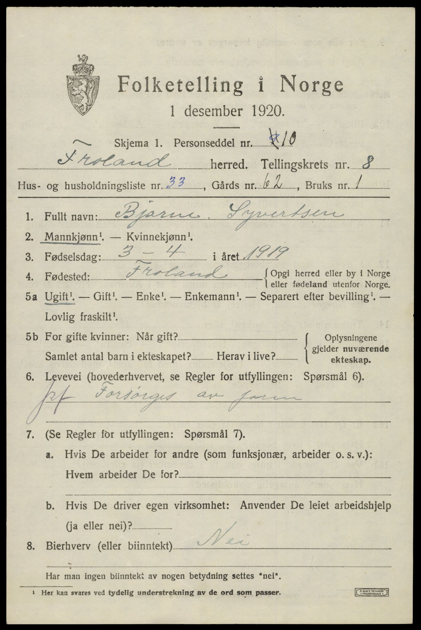 SAK, 1920 census for Froland, 1920, p. 4907