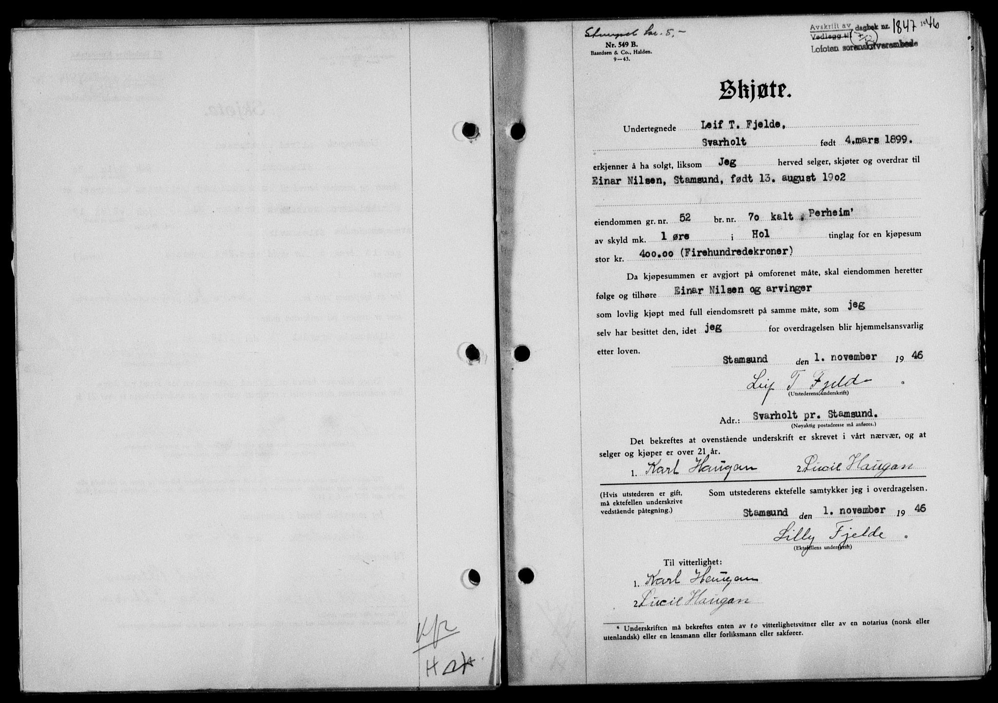 Lofoten sorenskriveri, SAT/A-0017/1/2/2C/L0015a: Mortgage book no. 15a, 1946-1947, Diary no: : 1847/1946