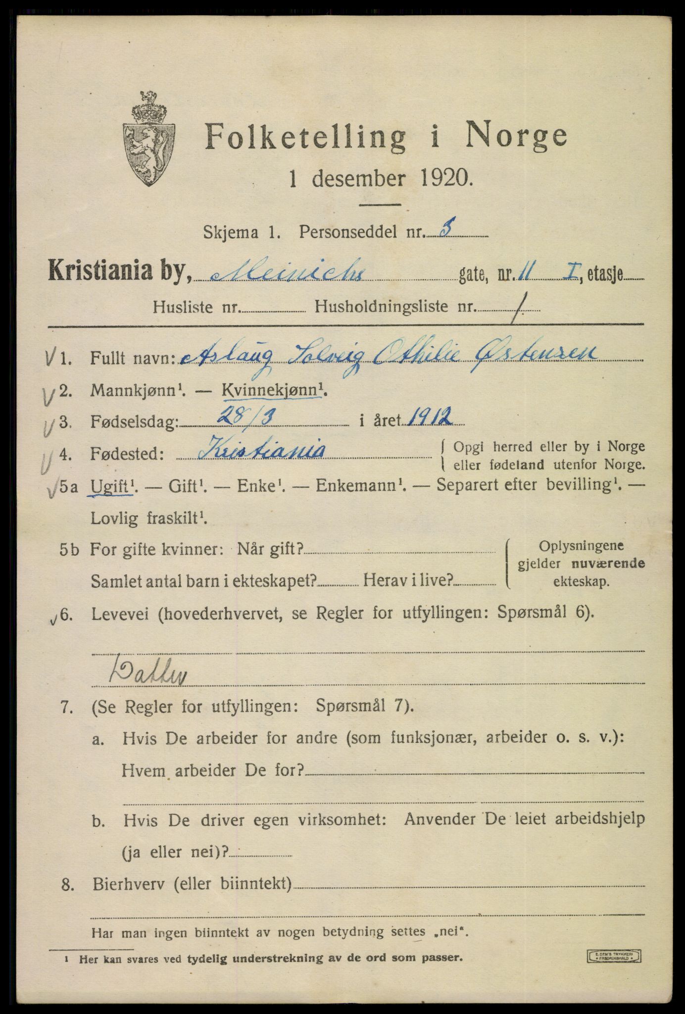 SAO, 1920 census for Kristiania, 1920, p. 393565