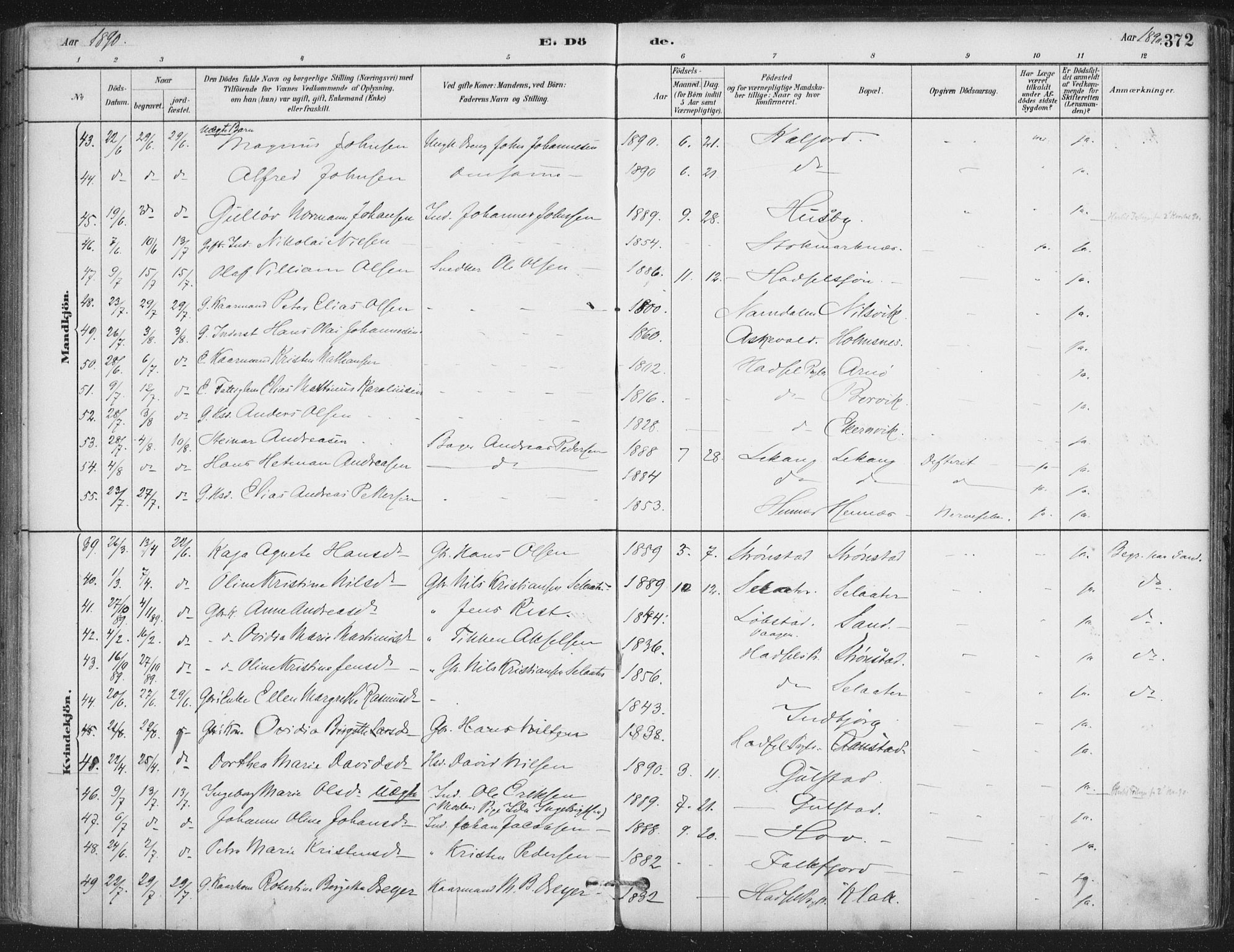 Ministerialprotokoller, klokkerbøker og fødselsregistre - Nordland, AV/SAT-A-1459/888/L1244: Parish register (official) no. 888A10, 1880-1890, p. 372