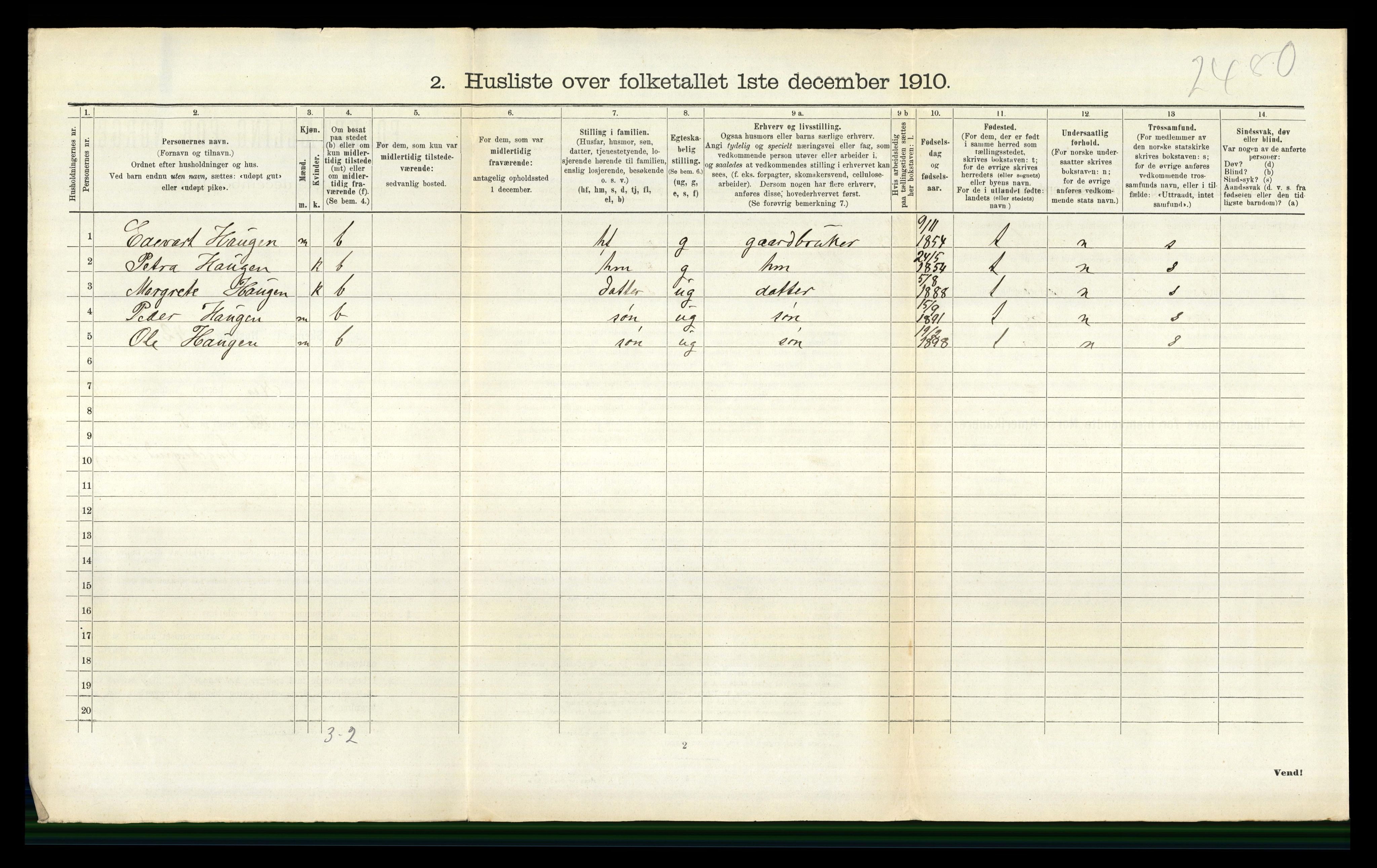 RA, 1910 census for Nes, 1910, p. 1379