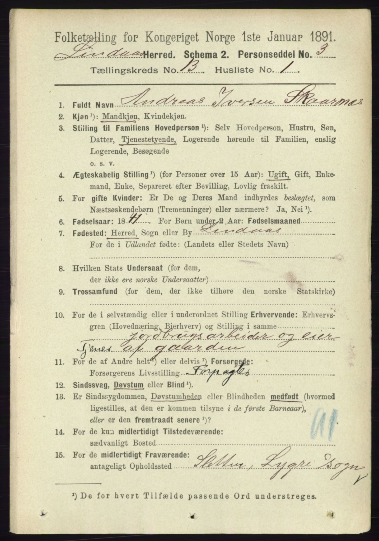 RA, 1891 census for 1263 Lindås, 1891, p. 4544