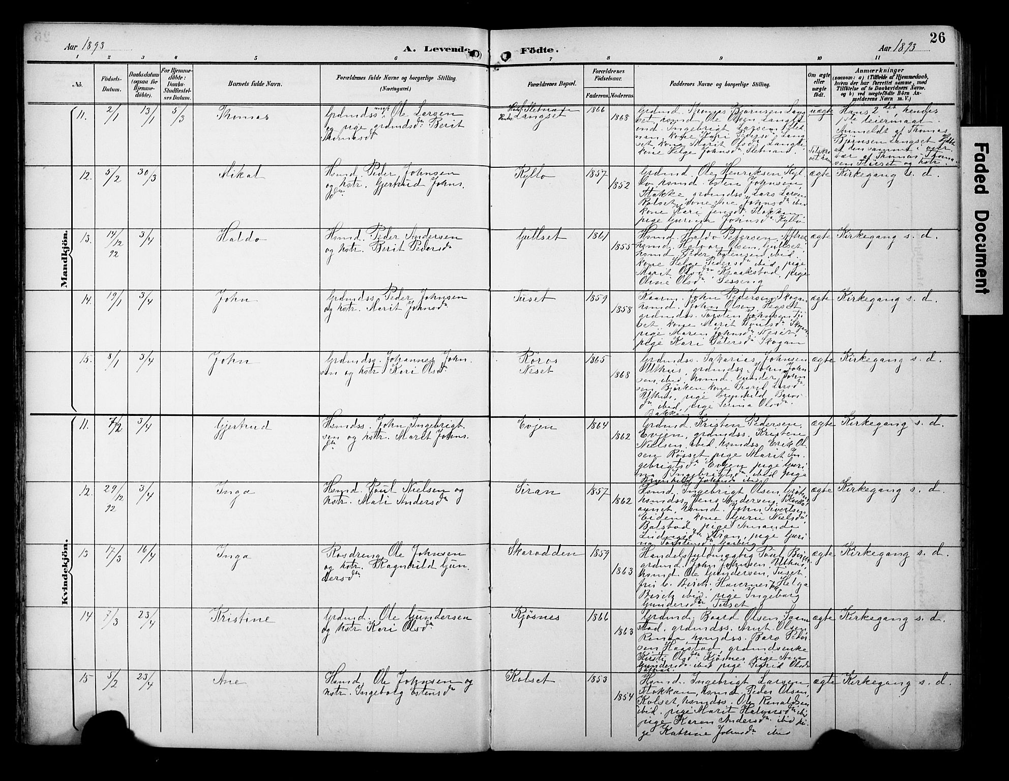 Ministerialprotokoller, klokkerbøker og fødselsregistre - Sør-Trøndelag, AV/SAT-A-1456/695/L1149: Parish register (official) no. 695A09, 1891-1902, p. 26