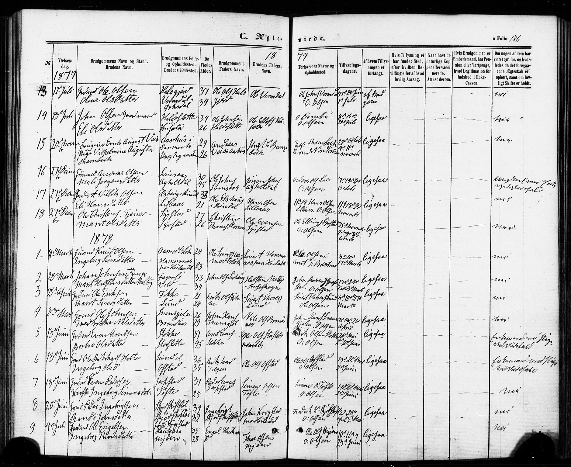 Ministerialprotokoller, klokkerbøker og fødselsregistre - Sør-Trøndelag, SAT/A-1456/672/L0856: Parish register (official) no. 672A08, 1861-1881, p. 186