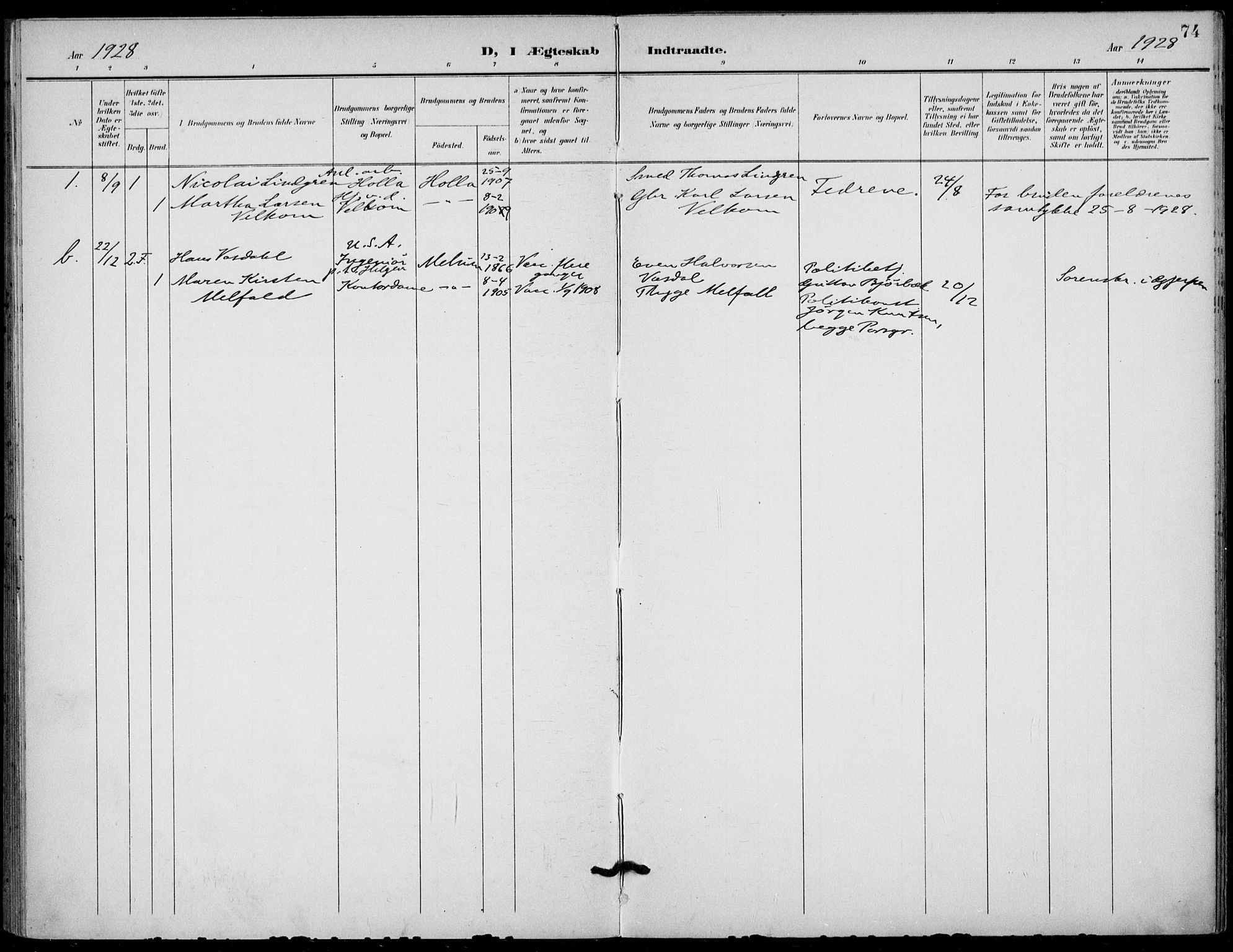 Holla kirkebøker, AV/SAKO-A-272/F/Fa/L0011: Parish register (official) no. 11, 1897-1928, p. 74