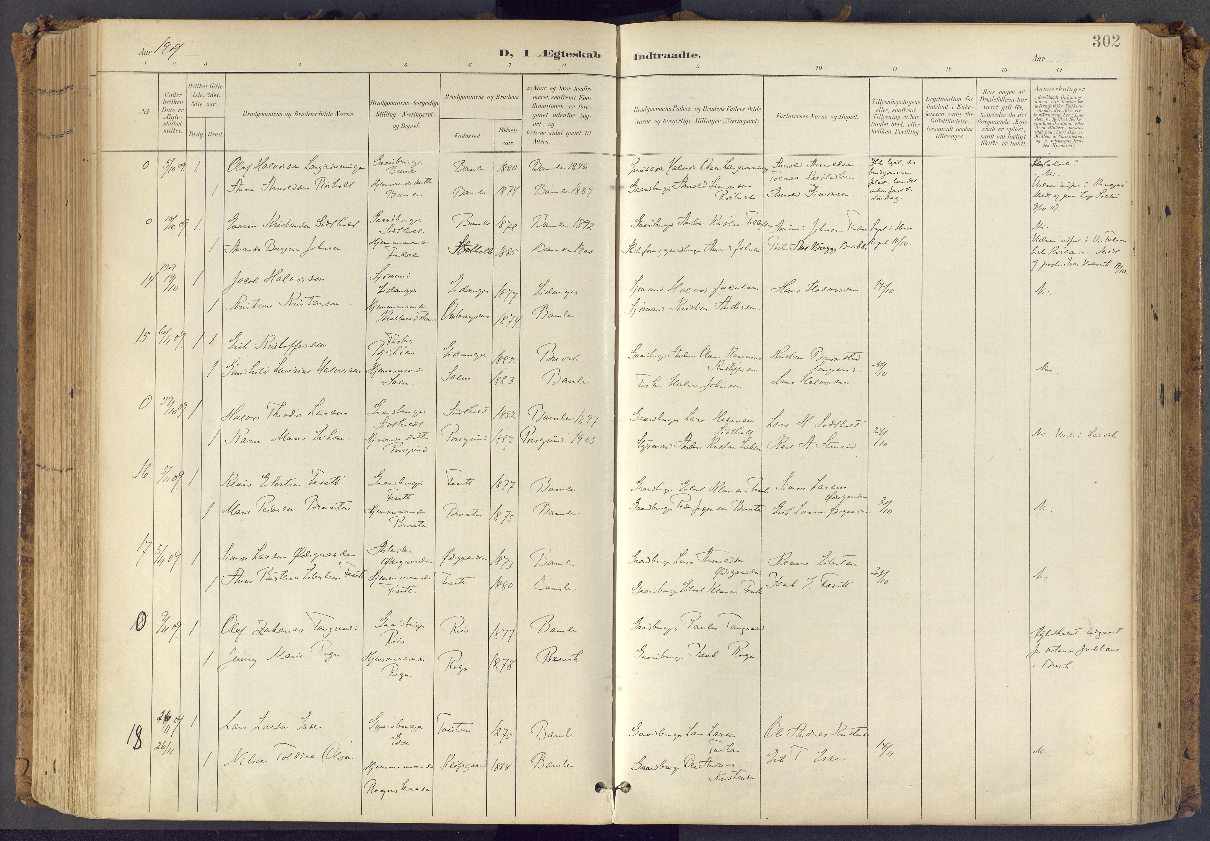 Bamble kirkebøker, SAKO/A-253/F/Fa/L0009: Parish register (official) no. I 9, 1901-1917, p. 302