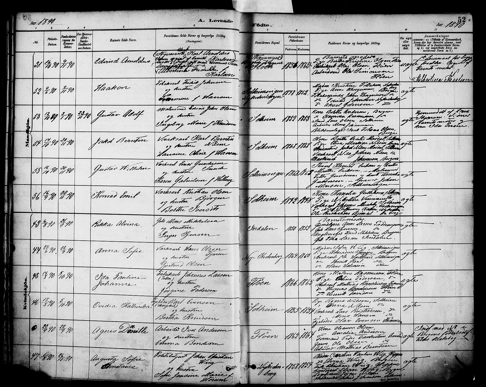 Årstad Sokneprestembete, AV/SAB-A-79301/H/Haa/L0001: Parish register (official) no. A 1, 1886-1901, p. 52