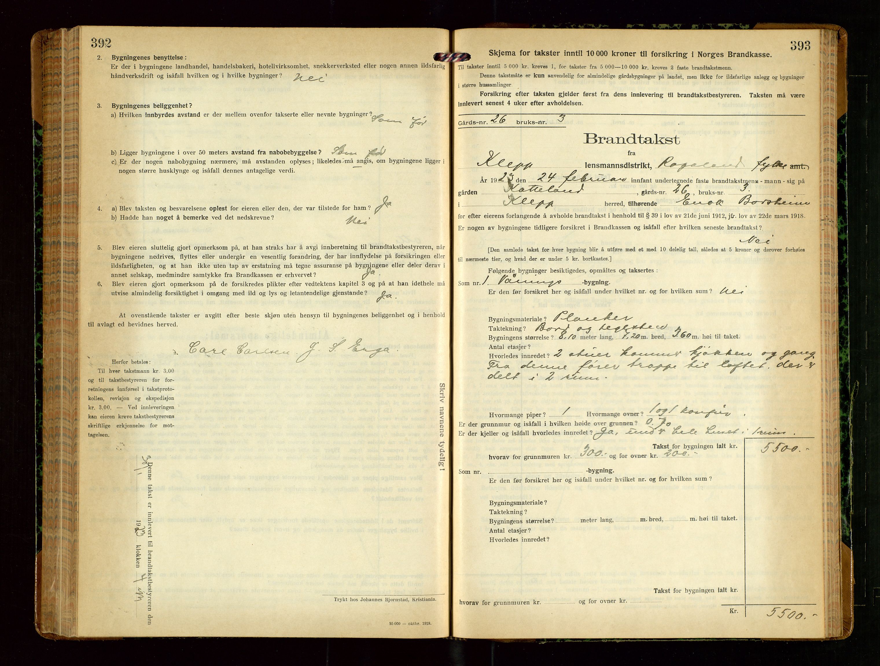 Klepp lensmannskontor, SAST/A-100163/Goc/L0010: "Brandtakstprotokoll" m/register, 1919-1924, p. 392-393