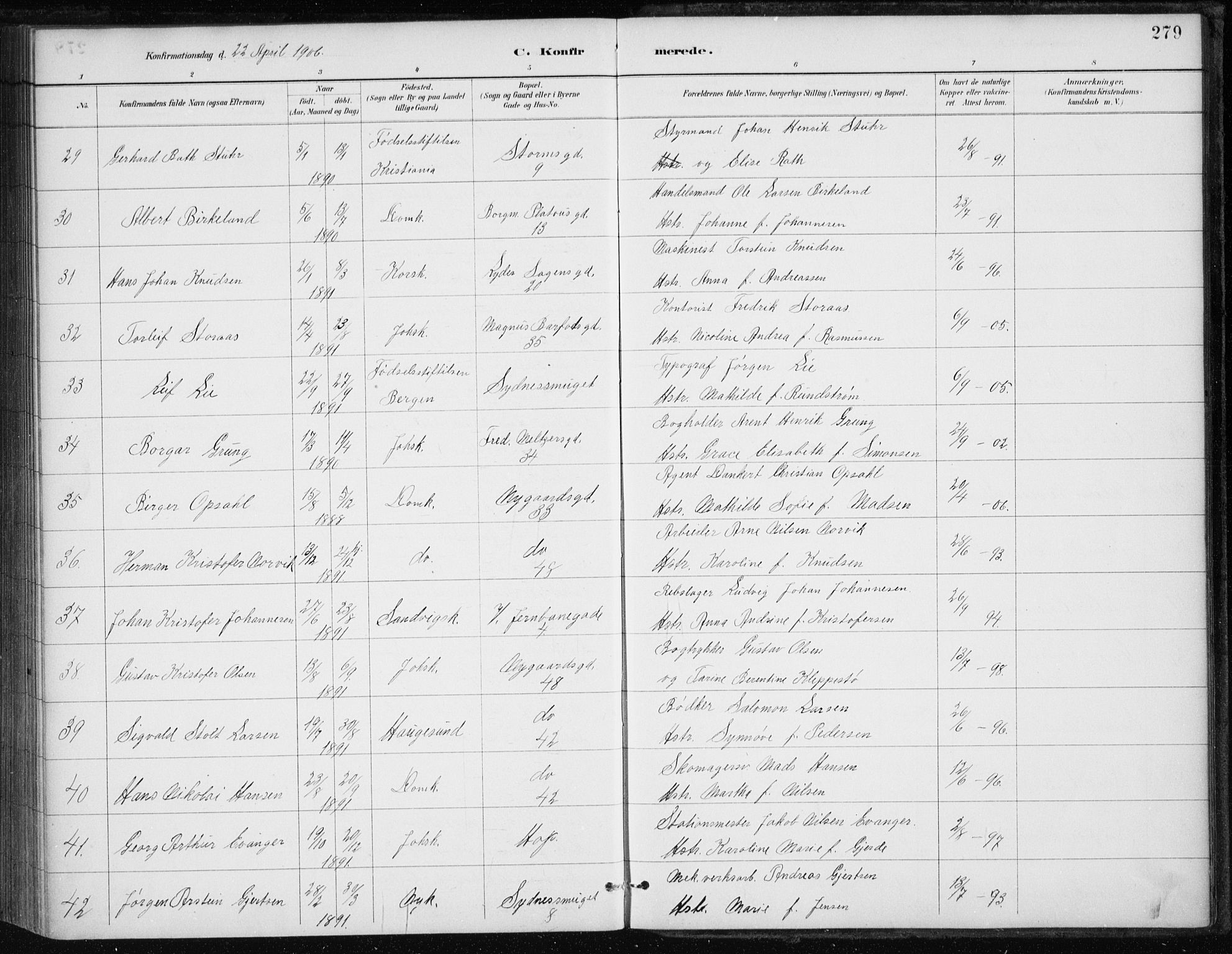 Johanneskirken sokneprestembete, AV/SAB-A-76001/H/Haa/L0008: Parish register (official) no. C 1, 1885-1907, p. 279