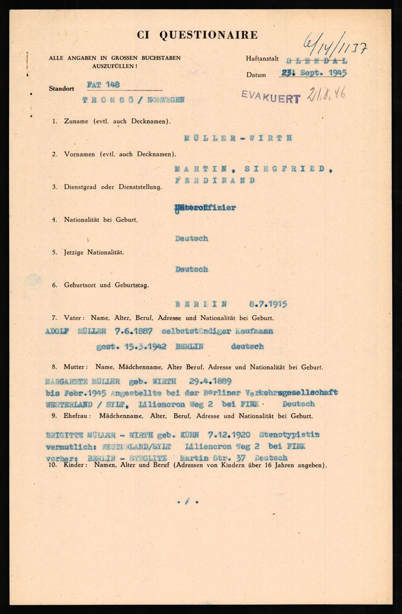 Forsvaret, Forsvarets overkommando II, AV/RA-RAFA-3915/D/Db/L0023: CI Questionaires. Tyske okkupasjonsstyrker i Norge. Tyskere., 1945-1946, p. 314