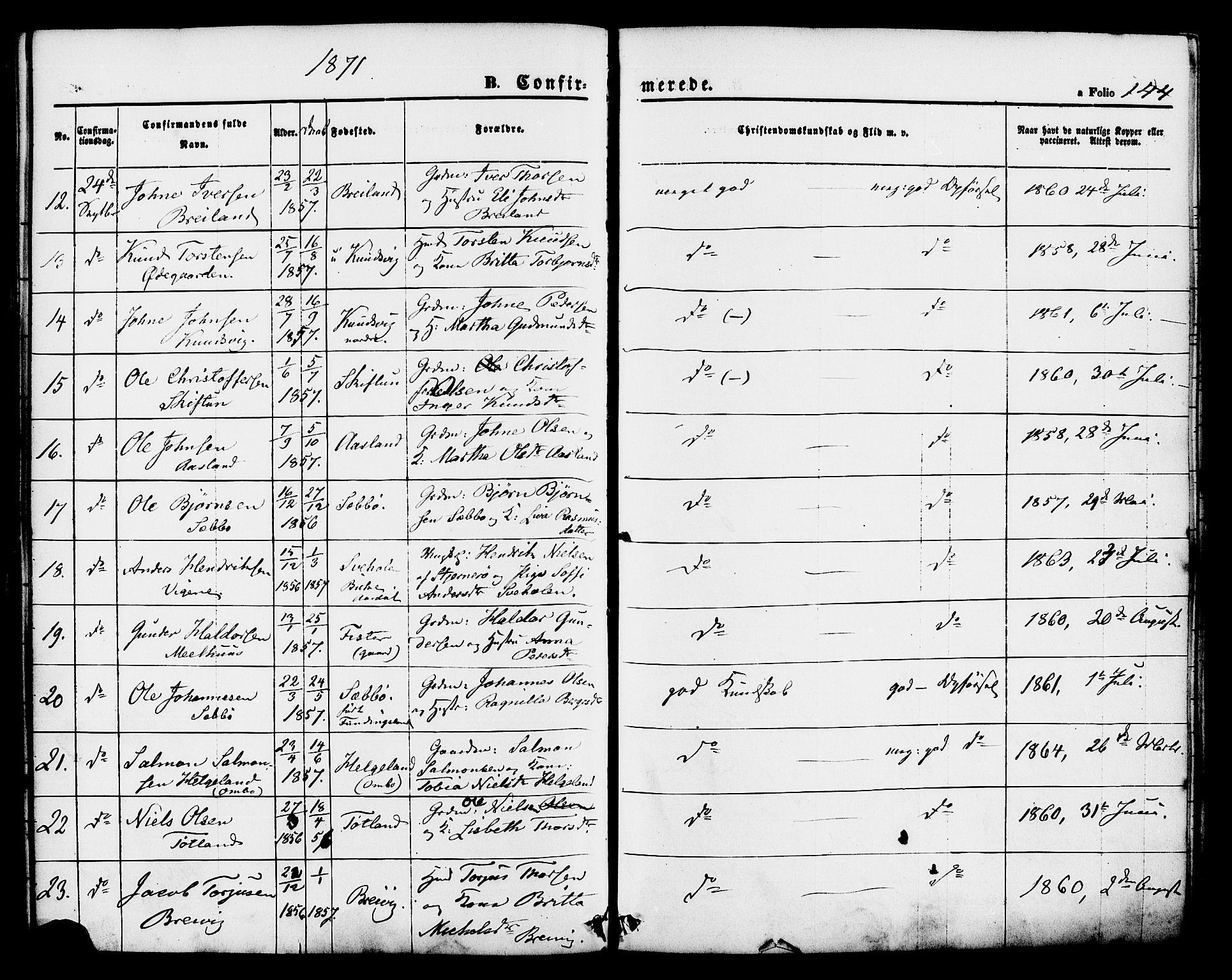 Hjelmeland sokneprestkontor, SAST/A-101843/01/IV/L0011: Parish register (official) no. A 11, 1861-1878, p. 144