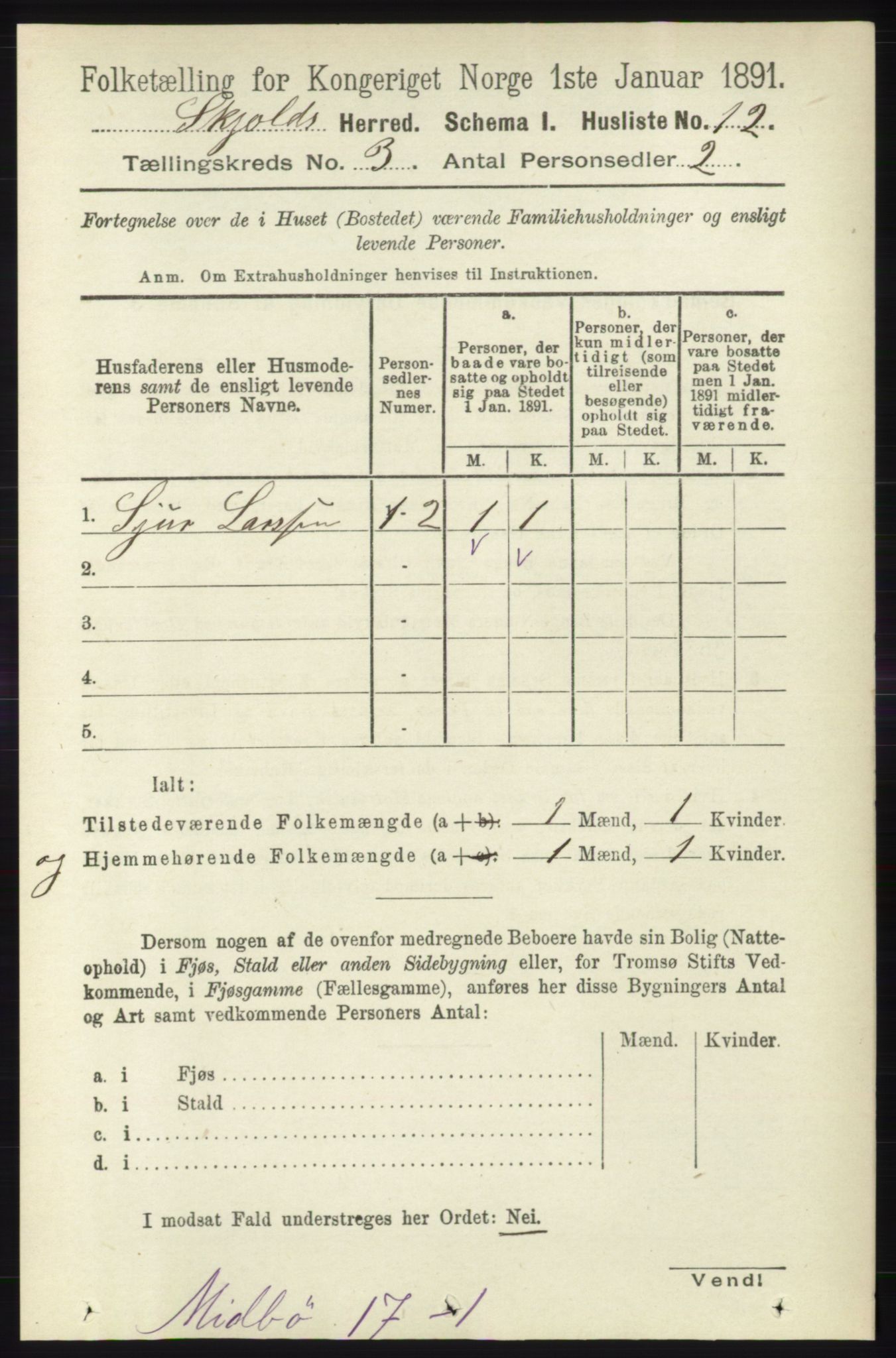 RA, 1891 census for 1154 Skjold, 1891, p. 370