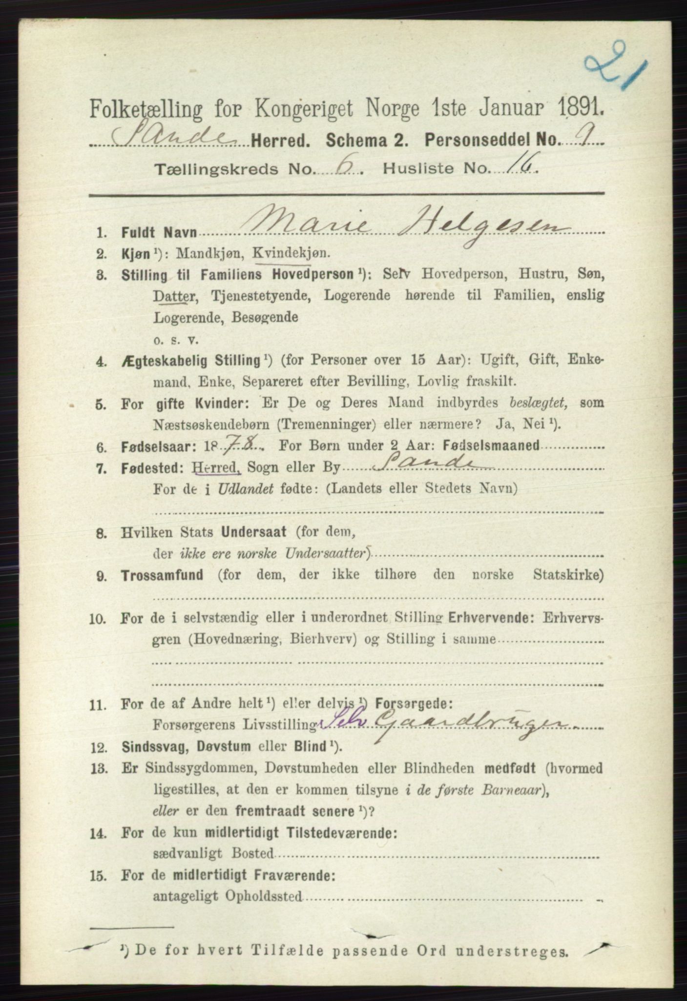 RA, 1891 census for 0713 Sande, 1891, p. 2787