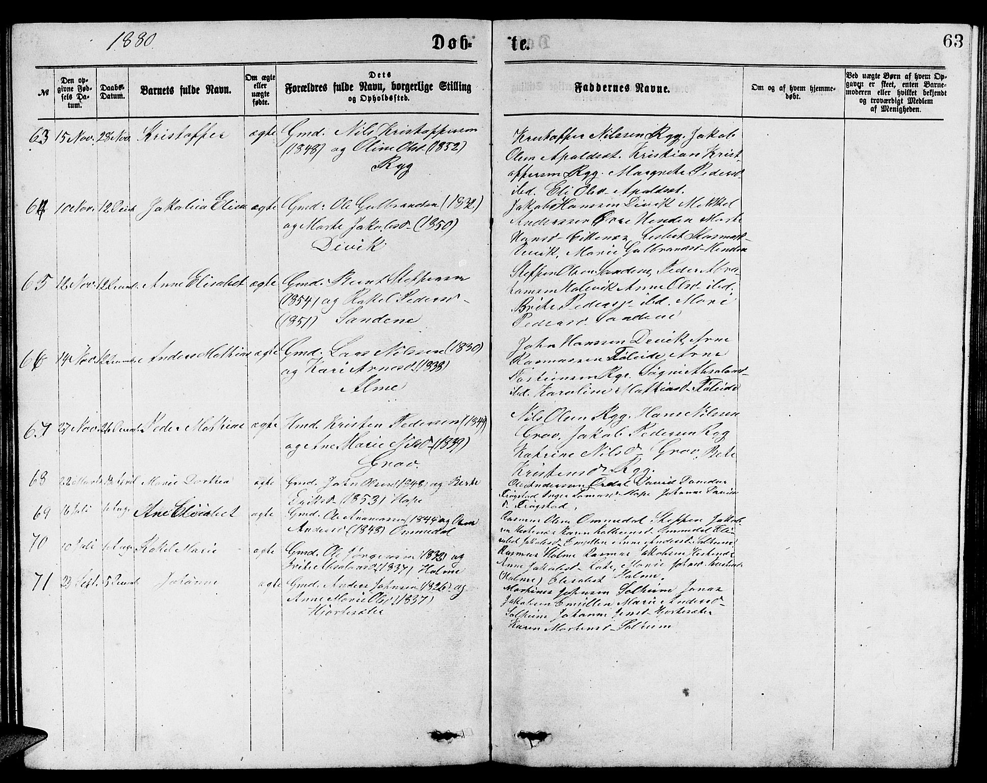 Gloppen sokneprestembete, SAB/A-80101/H/Hab/Habb/L0001: Parish register (copy) no. B 1, 1872-1888, p. 63