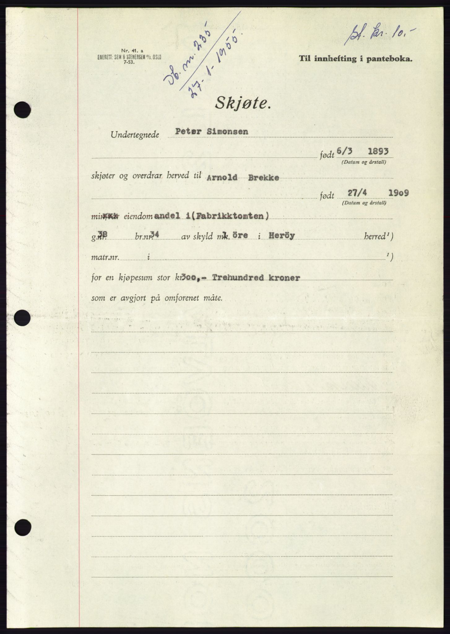 Søre Sunnmøre sorenskriveri, AV/SAT-A-4122/1/2/2C/L0100: Mortgage book no. 26A, 1954-1955, Diary no: : 235/1955