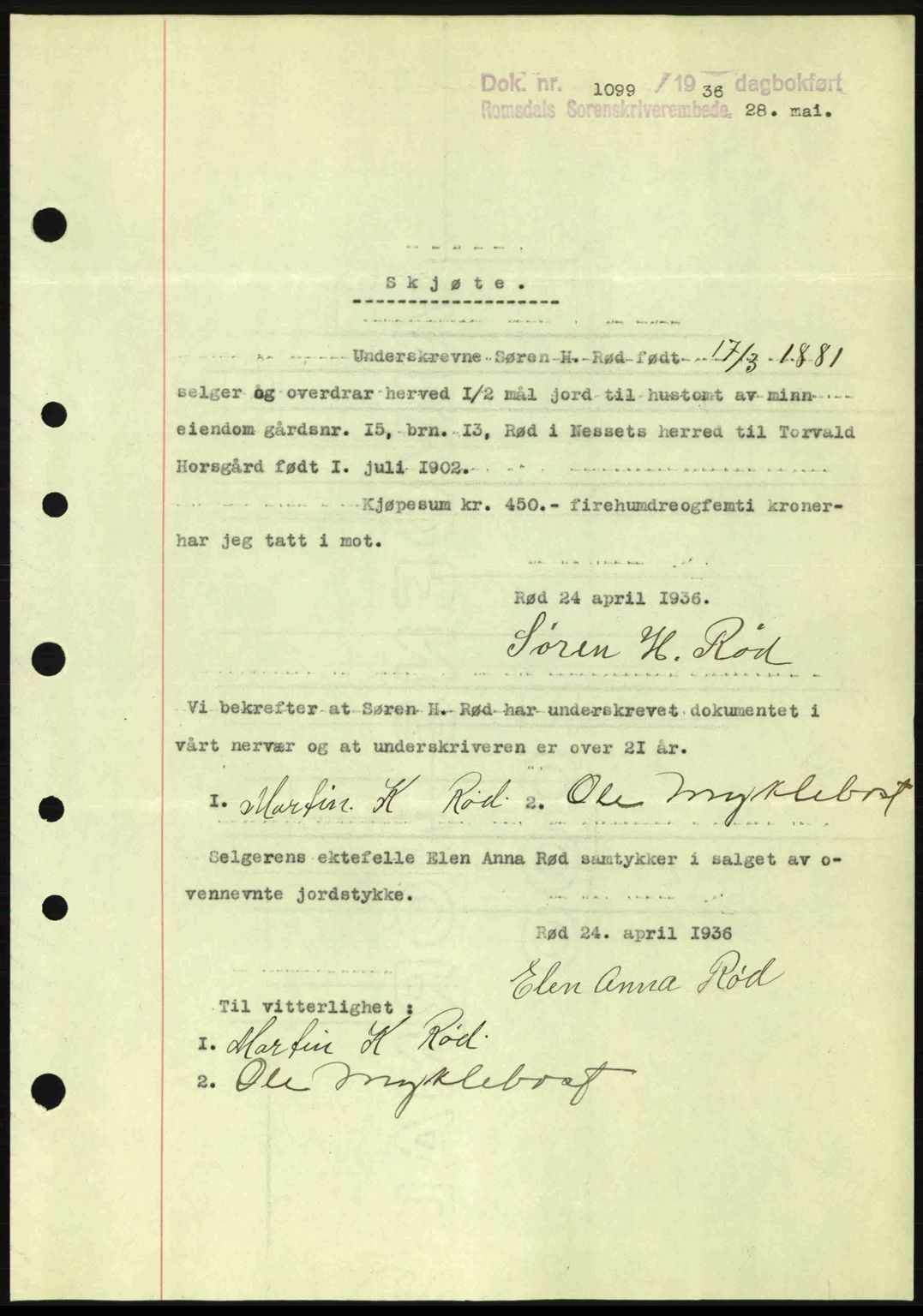 Romsdal sorenskriveri, AV/SAT-A-4149/1/2/2C: Mortgage book no. A1, 1936-1936, Diary no: : 1099/1936