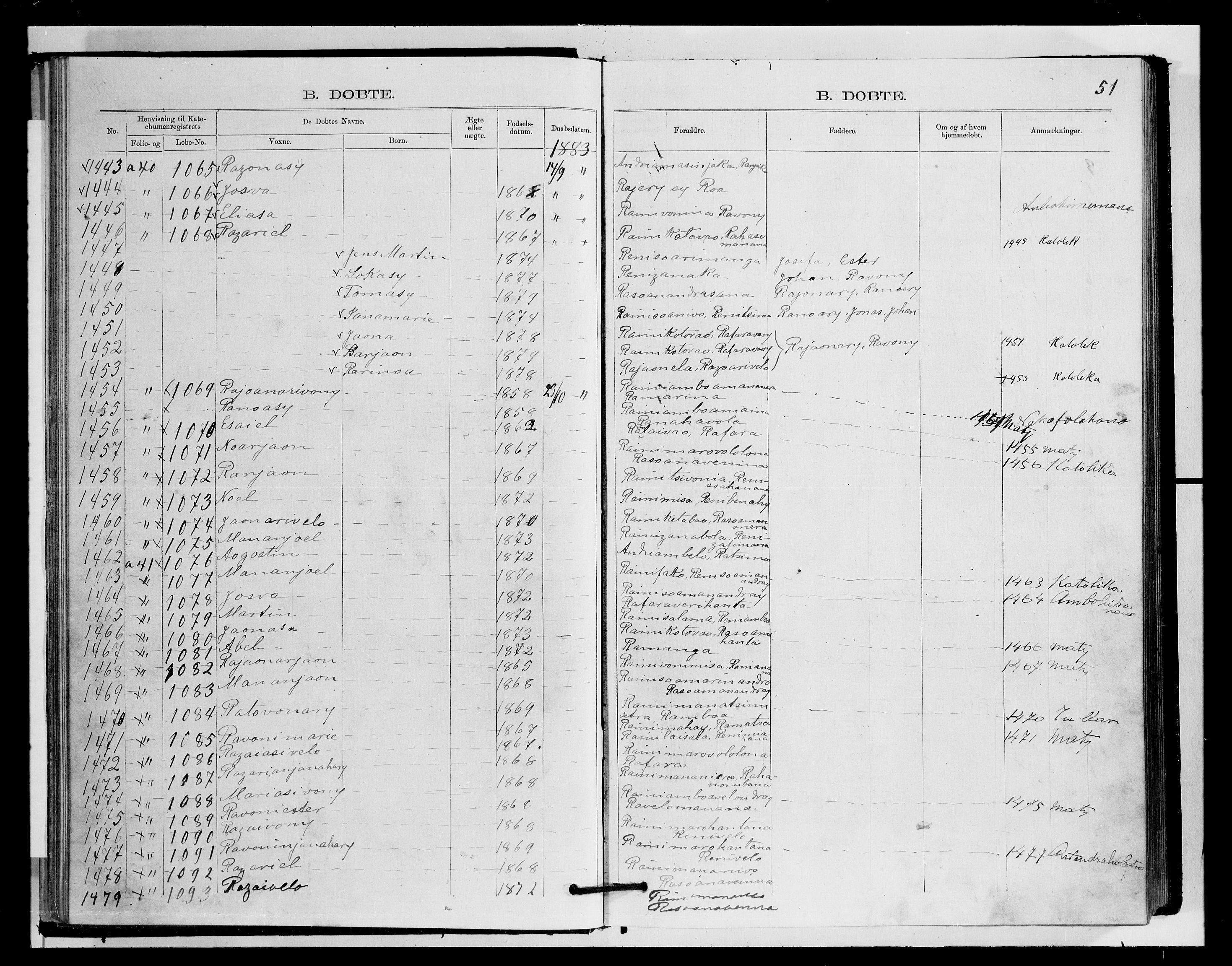 Archives FLM/NMS, Madagaskar, VID/MA-A-1163/D/Db/L0270: Parish register (official) no. 2, 1883-1886, p. 51