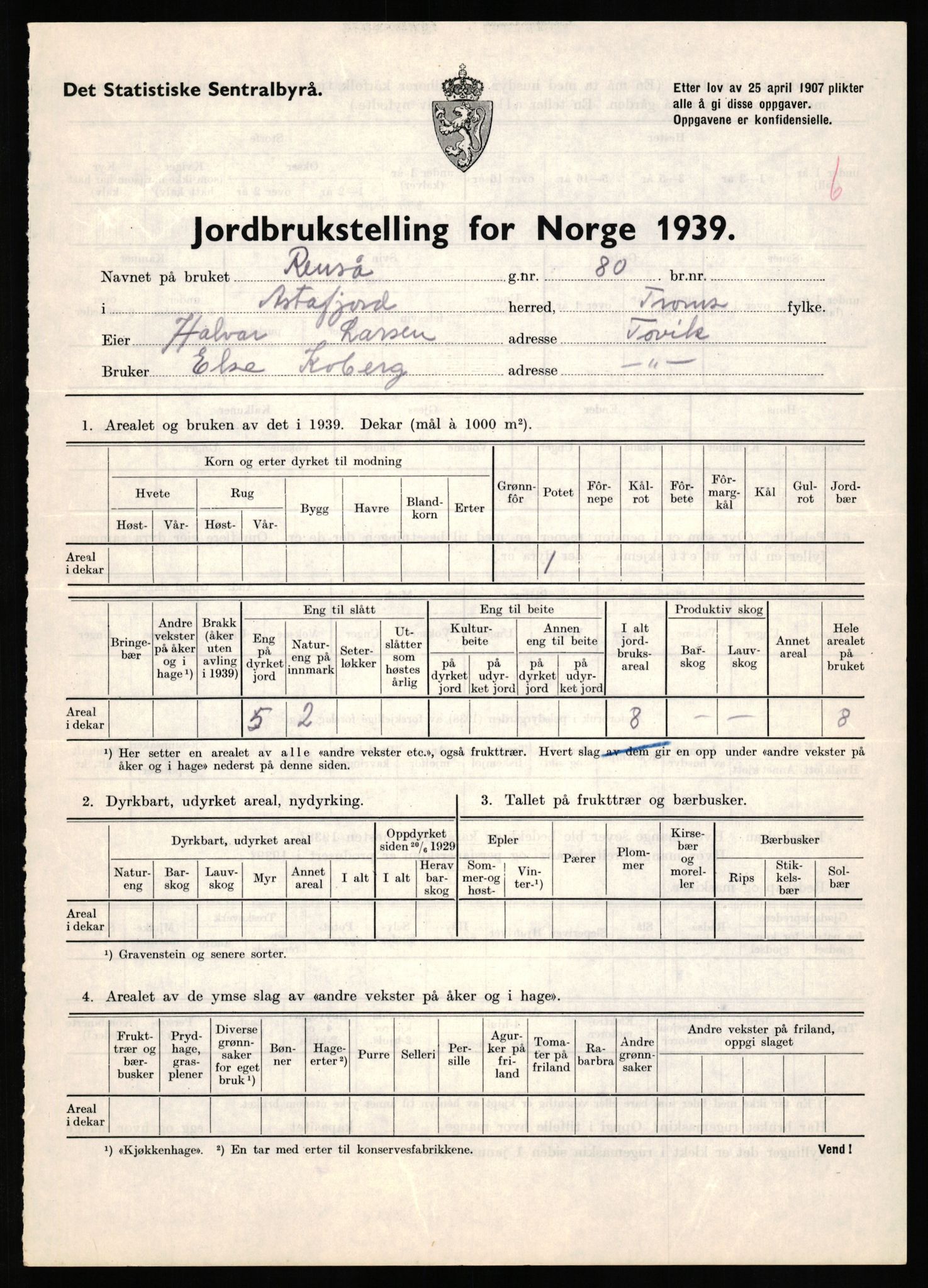 Statistisk sentralbyrå, Næringsøkonomiske emner, Jordbruk, skogbruk, jakt, fiske og fangst, AV/RA-S-2234/G/Gb/L0339: Troms: Andørja, Astafjord og Lavangen, 1939, p. 29